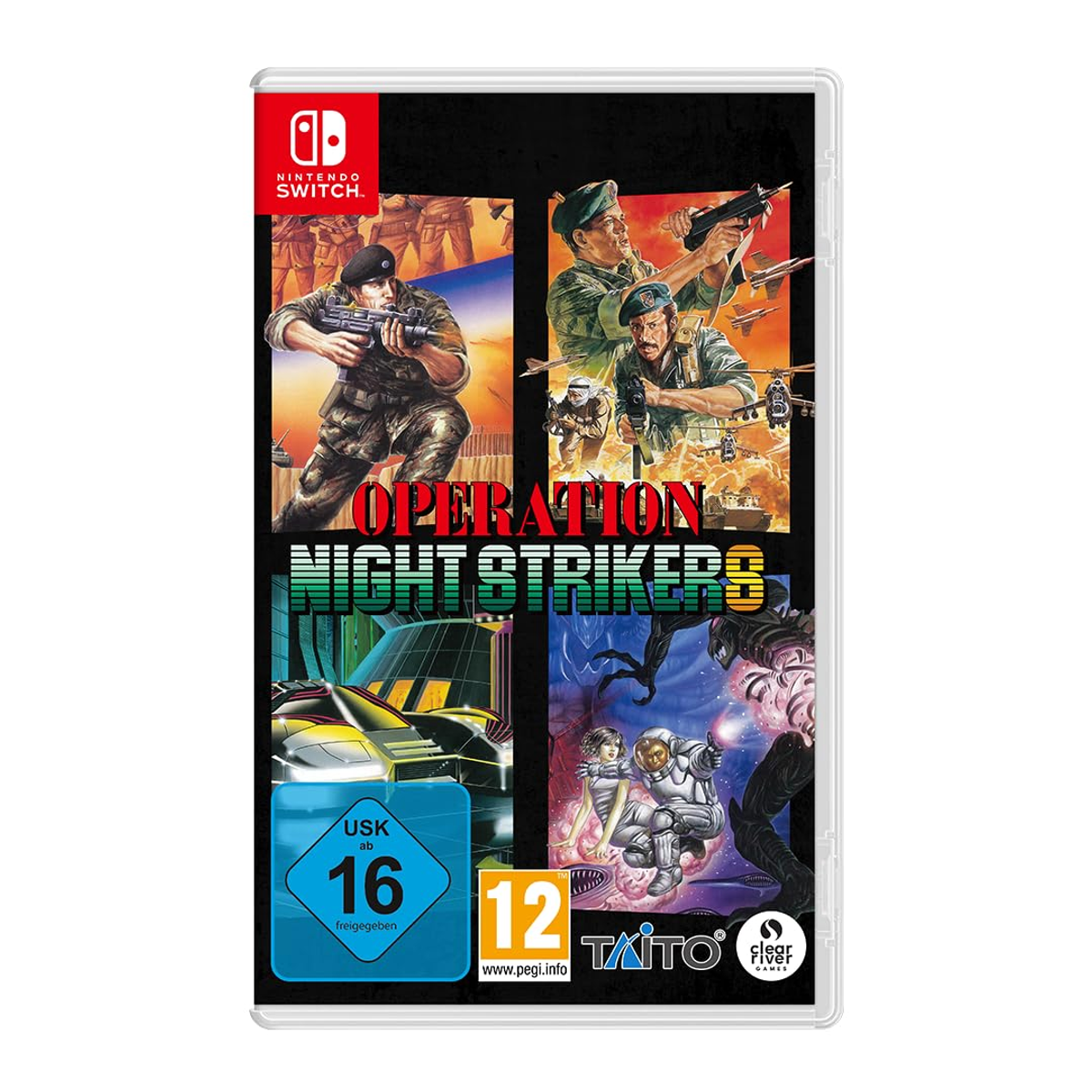 Etui na grę Nintendo Switch Operation Night Strikers. Żołnierze, futurystyczne pojazdy i sceny akcji na okładce. Widoczne klasyfikacje wiekowe.