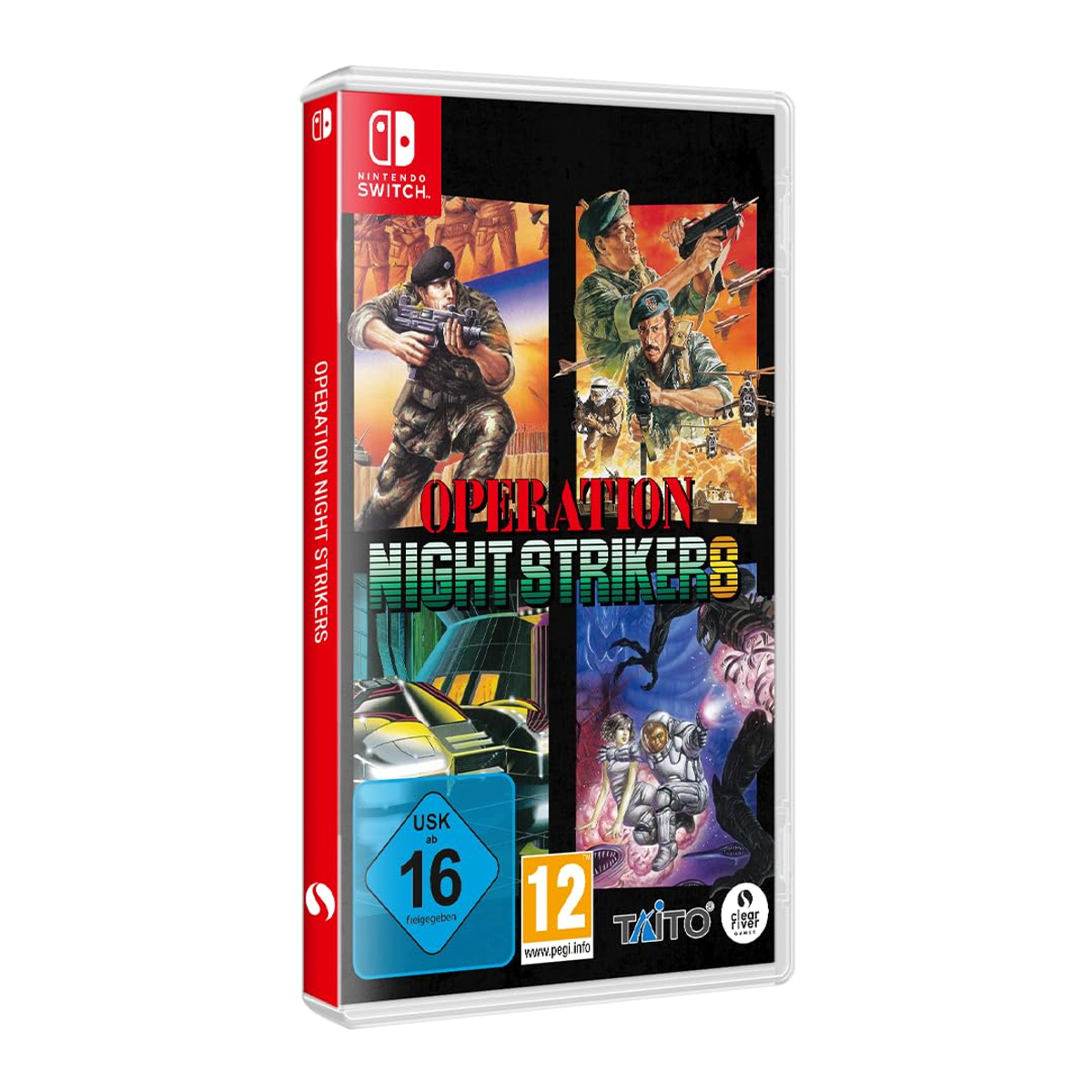 Pudełko gry Nintendo Switch 'Operation Night Strikers'. Zawiera żołnierzy, samoloty i futurystyczny pojazd. Pudełko ma oznaczenia wiekowe.