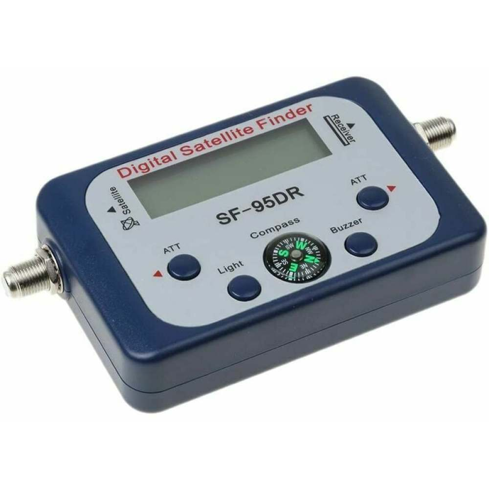 Ein digitaler Satellitenfinder SF-95DR. Er hat einen Bildschirm, einen Kompass und Tasten für ATT, Licht und Summer. Das Gerät ist blau und grau.