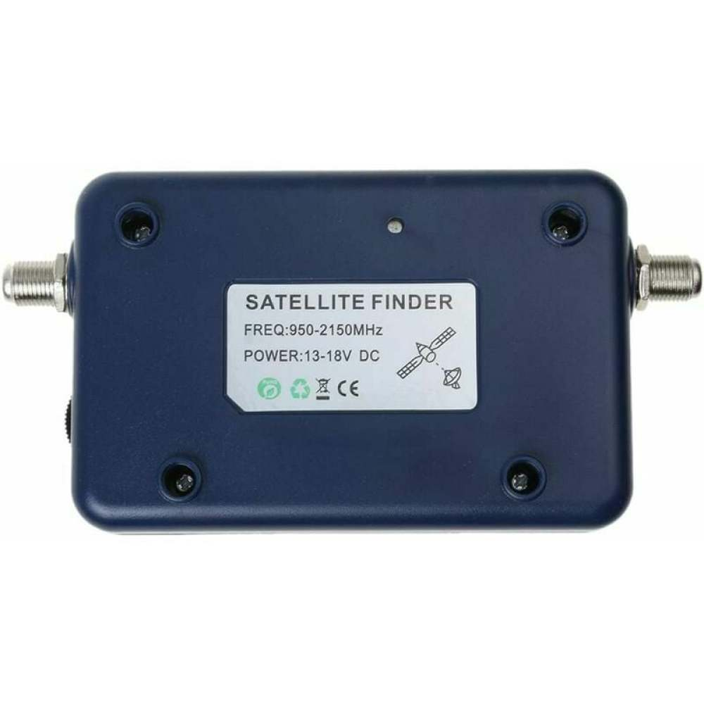 Ein blaues Satelliten-Suchgerät mit silbernen Anschlüssen. Es hat ein Etikett mit technischen Daten, einschließlich Frequenz und Leistung.