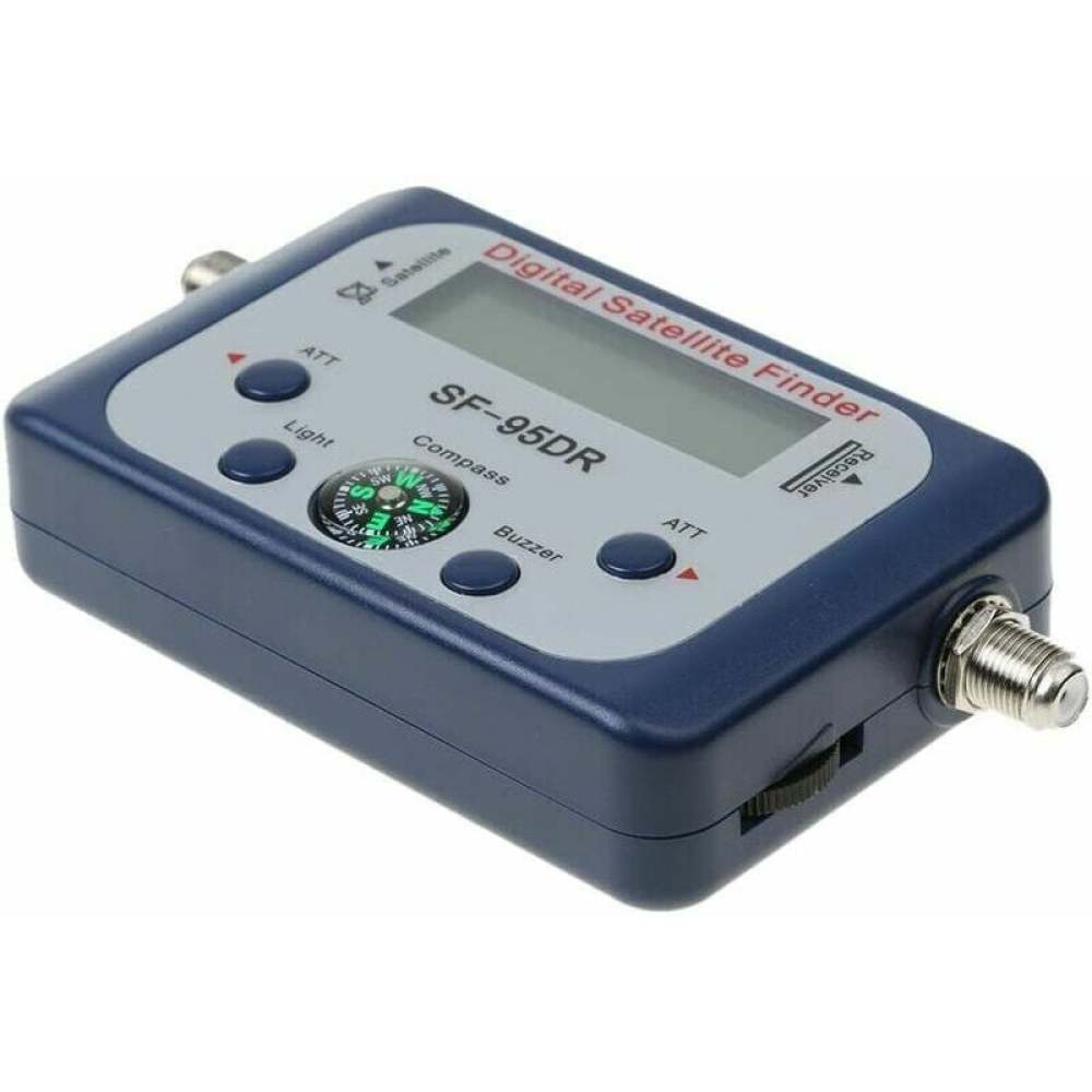 Ein blau-grauer digitaler Satellitenfinder. Er hat einen Bildschirm, Knöpfe, einen Kompass und einen Anschluss für den Receiver.