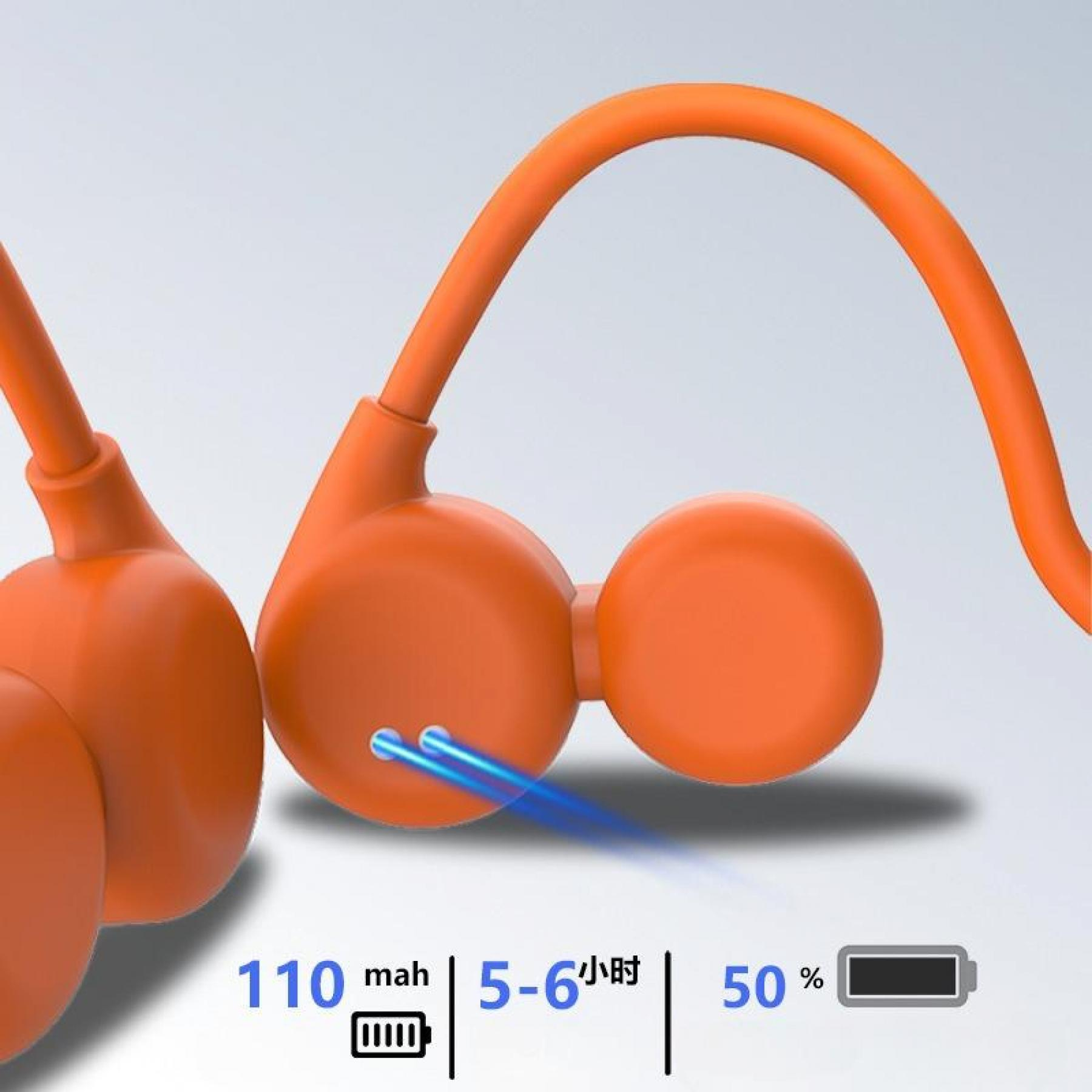 Orange Kopfhörer mit Batteriestatus: 110 mAh, 5-6 Stunden, 50 % Akku. Blaues Licht geht vom Kopfhörer aus.