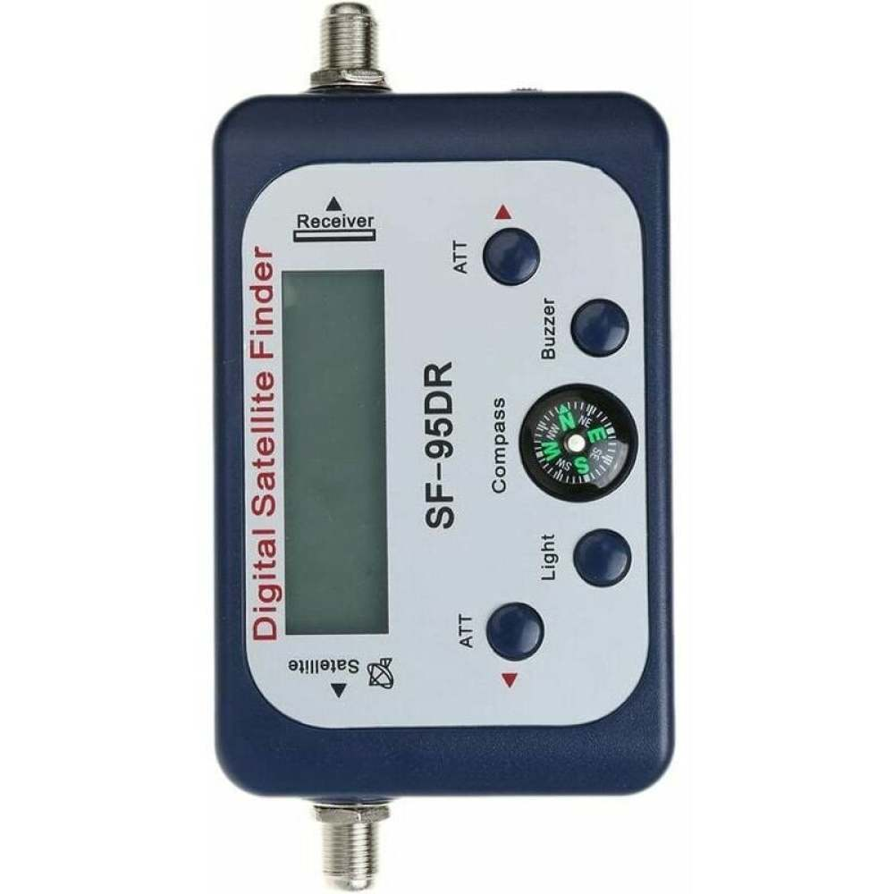 Ein digitaler Satellitenfinder. Er hat einen Bildschirm, einen Kompass und Knöpfe mit der Aufschrift 'ATT', 'Buzzer' und 'Light'. Das Gerät ist dunkelblau und weiß.
