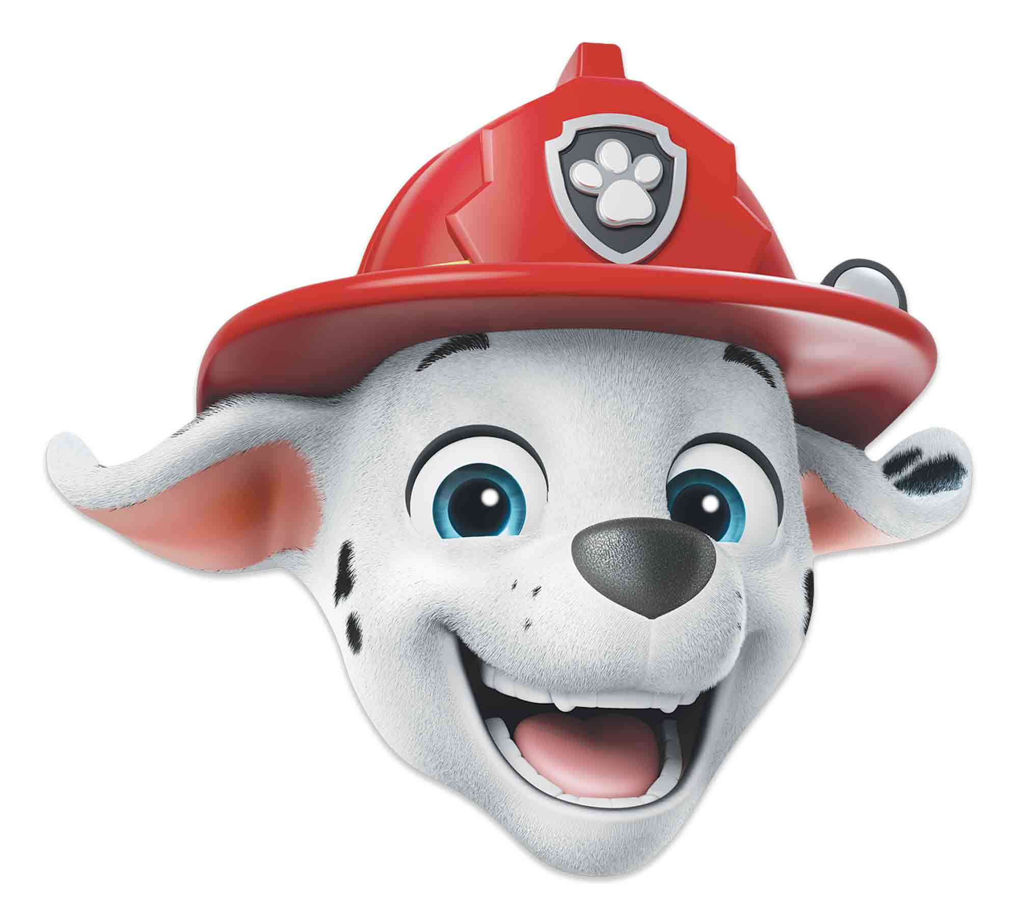 Ein Cartoon-Hund mit rotem Feuerwehrhut. Der Hund ist weiß mit schwarzen Flecken und hat blaue Augen. Er lächelt.