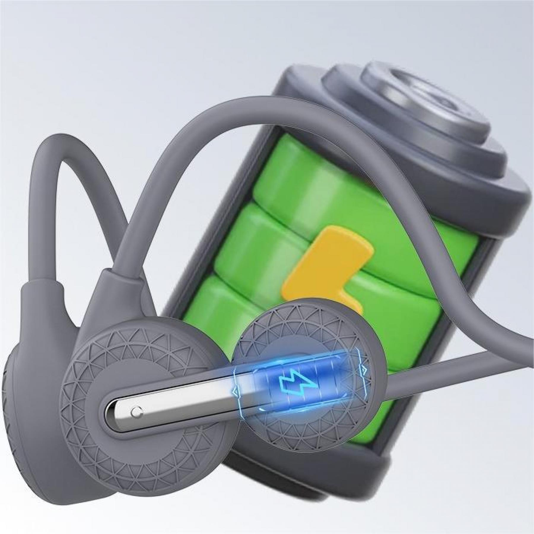 Graue Kopfhörer mit Akkusymbol und Ladeanzeige. Grüne Batteriezellen mit gelbem Blitz.