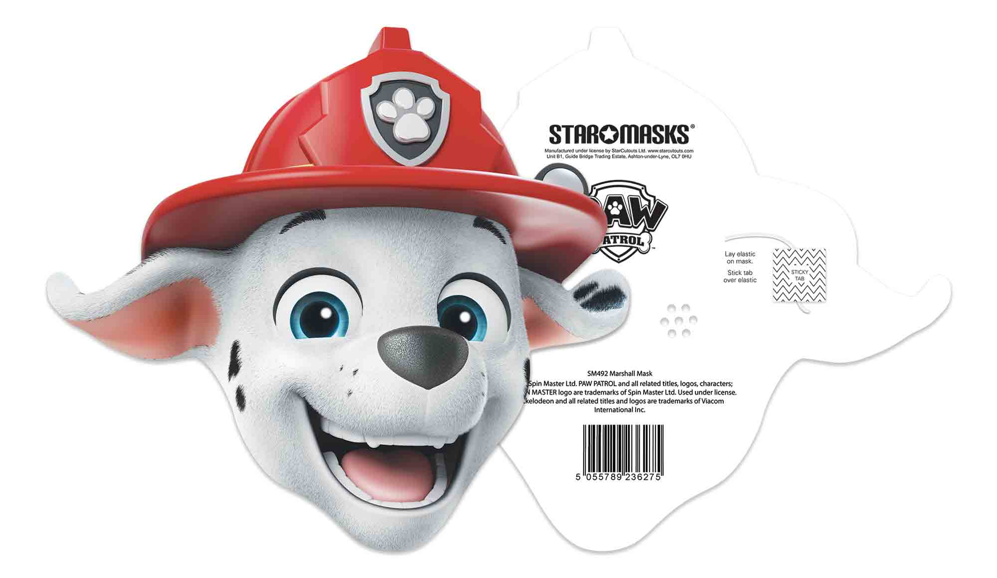 Eine Marshall-Maske von Paw Patrol. Sie hat einen roten Feuerwehrhut und ein lächelndes Gesicht mit blauen Augen und weißem Fell.