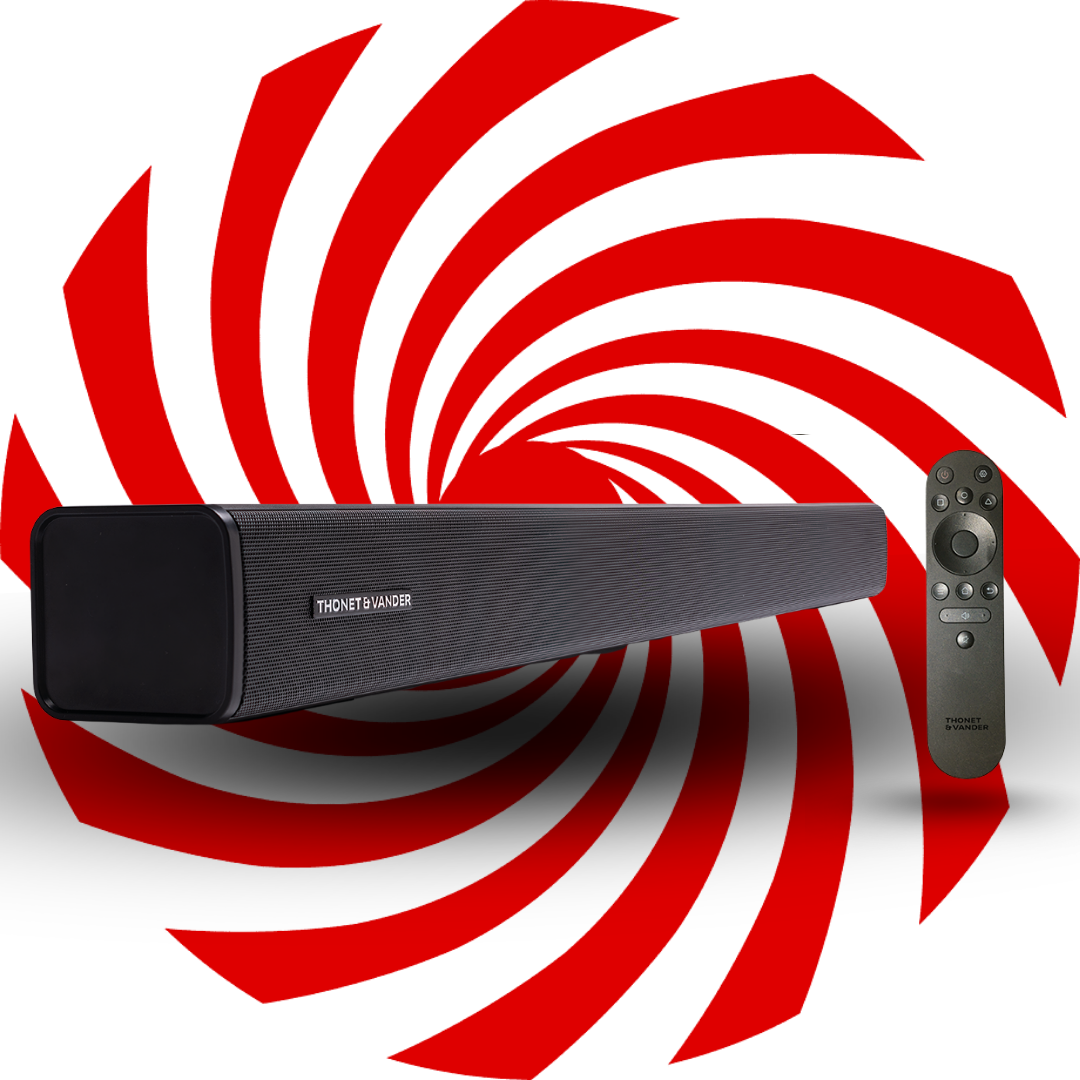 Kırmızı ve beyaz spiral bir arka plan üzerinde siyah bir soundbar ve uzaktan kumanda. Soundbar'ın markası 'THONET & VANDER'.