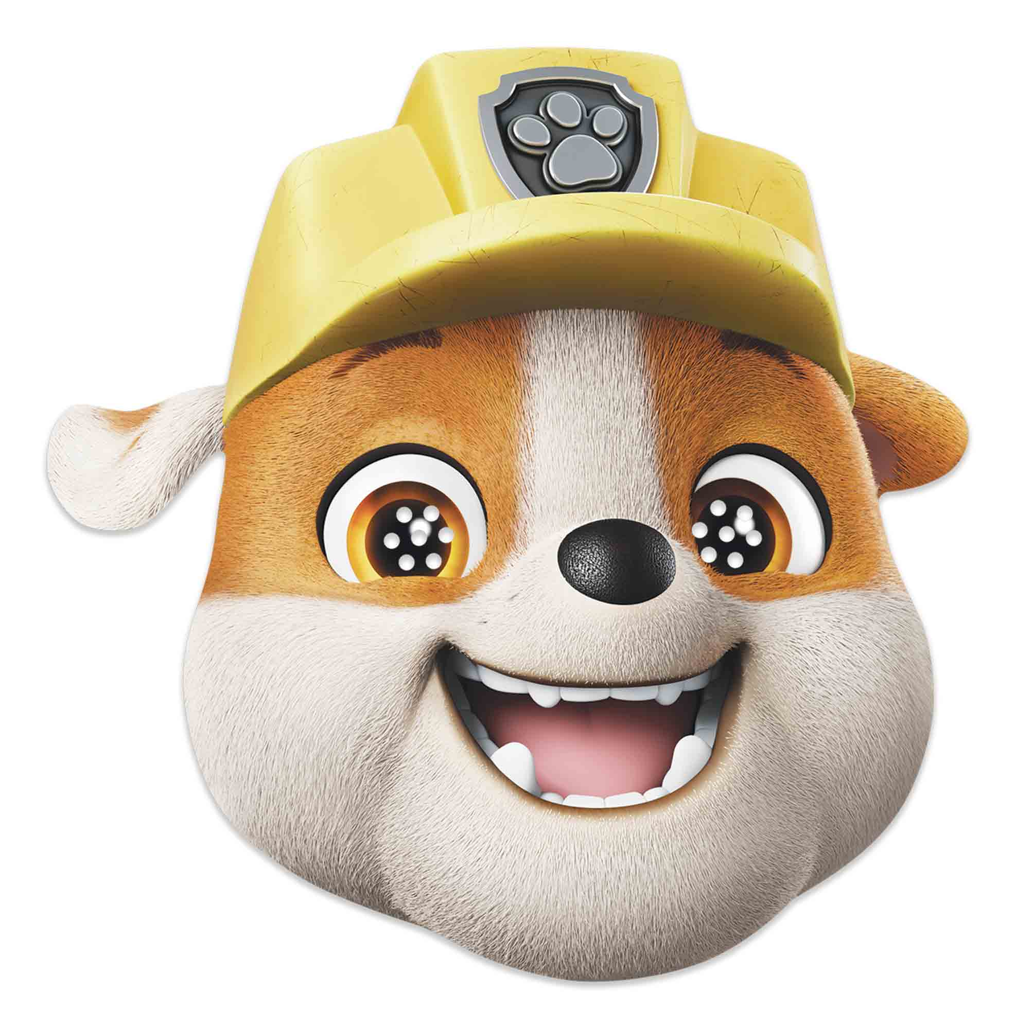 Nahaufnahme eines Cartoon-Hundegesichts mit gelbem Helm und Abzeichen. Der Hund hat ein breites Lächeln und weite Augen.