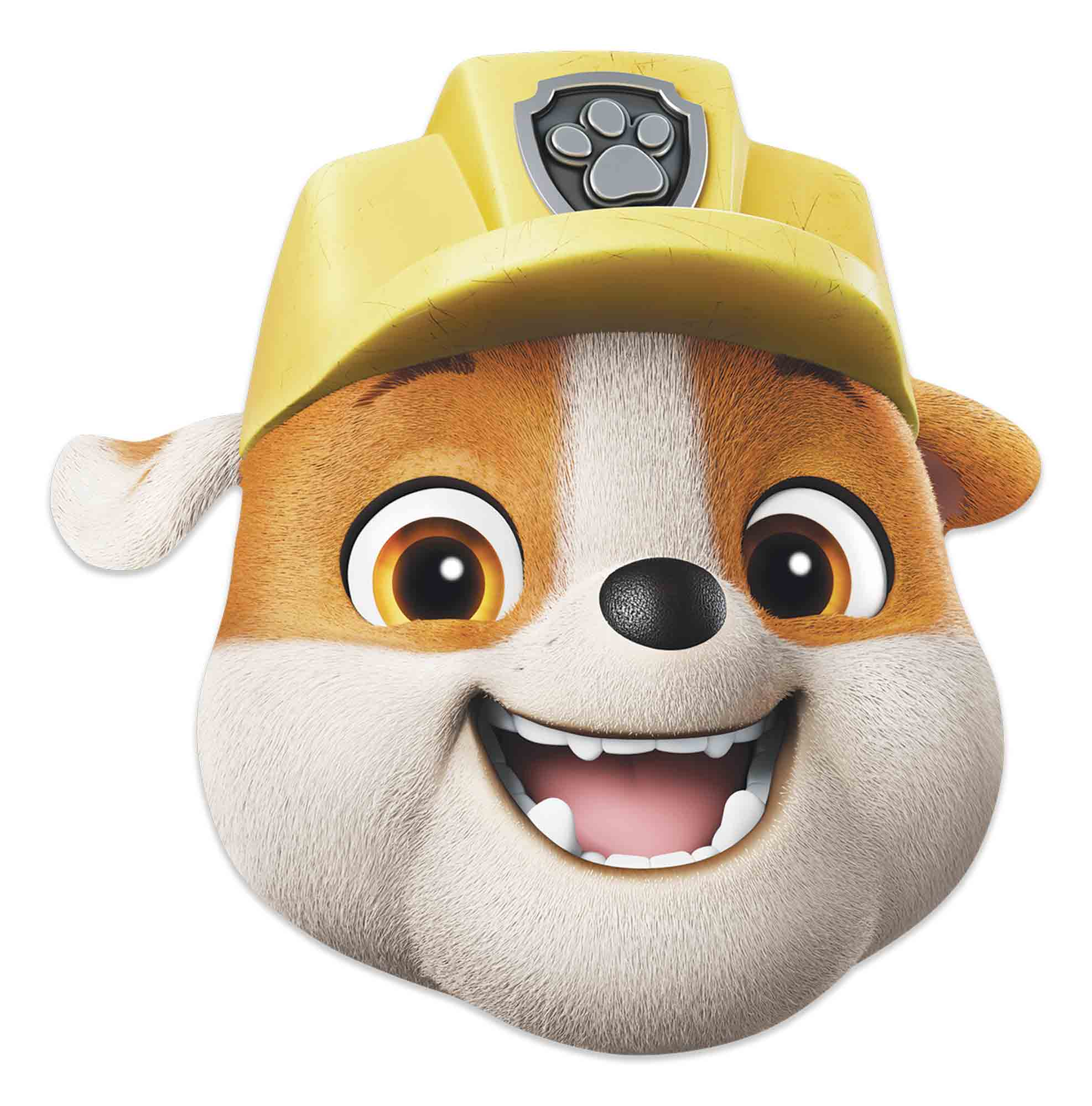 Ein Cartoon-Hundekopf mit gelbem Helm und Pfotenabdruck. Der Hund lächelt mit großen Augen.