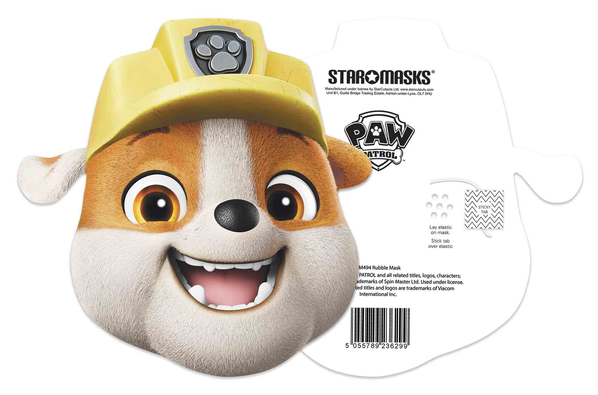 Rubble-Maske. Gesicht von Rubble, dem Paw Patrol-Charakter. Gelber Hut, braunes Fell und weißes Gesicht, lächelnd.