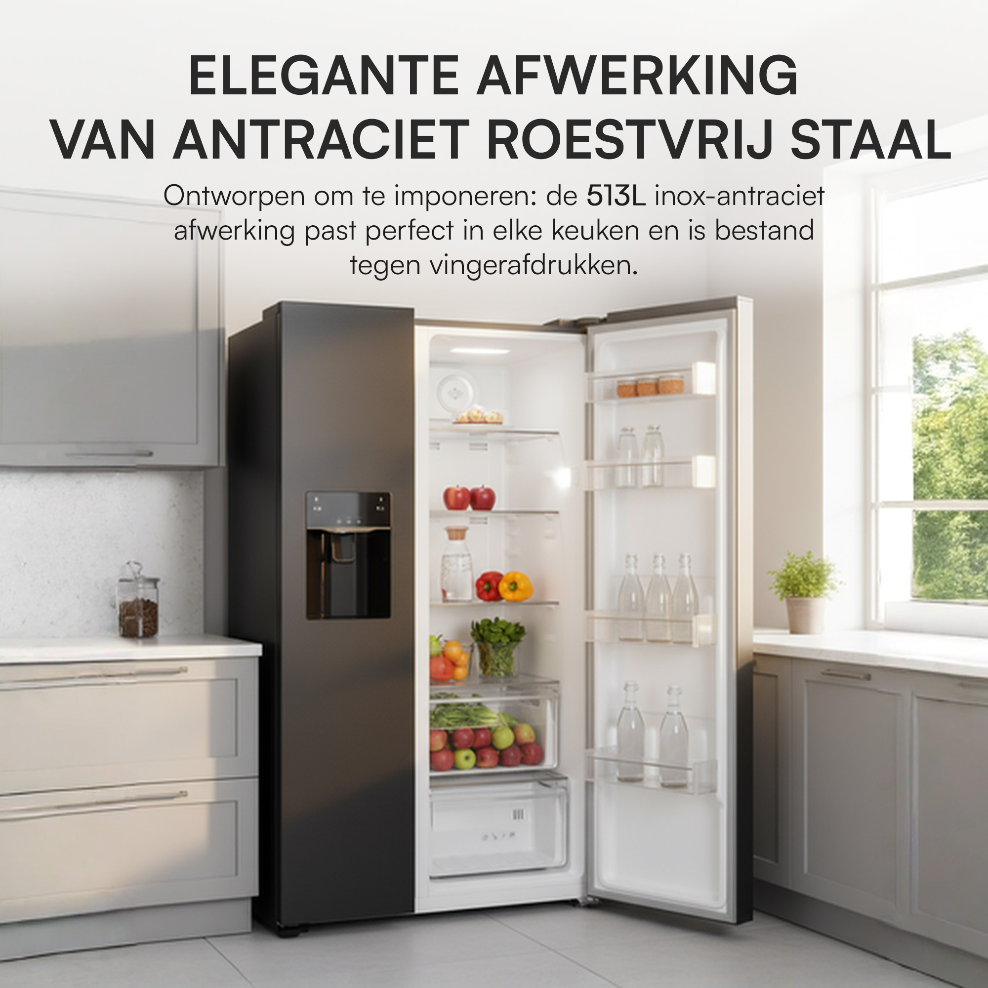 Een moderne zwarte koelkast met open deur, gevuld met voedsel, staat in een keuken. De achtergrond heeft kasten en een raam.