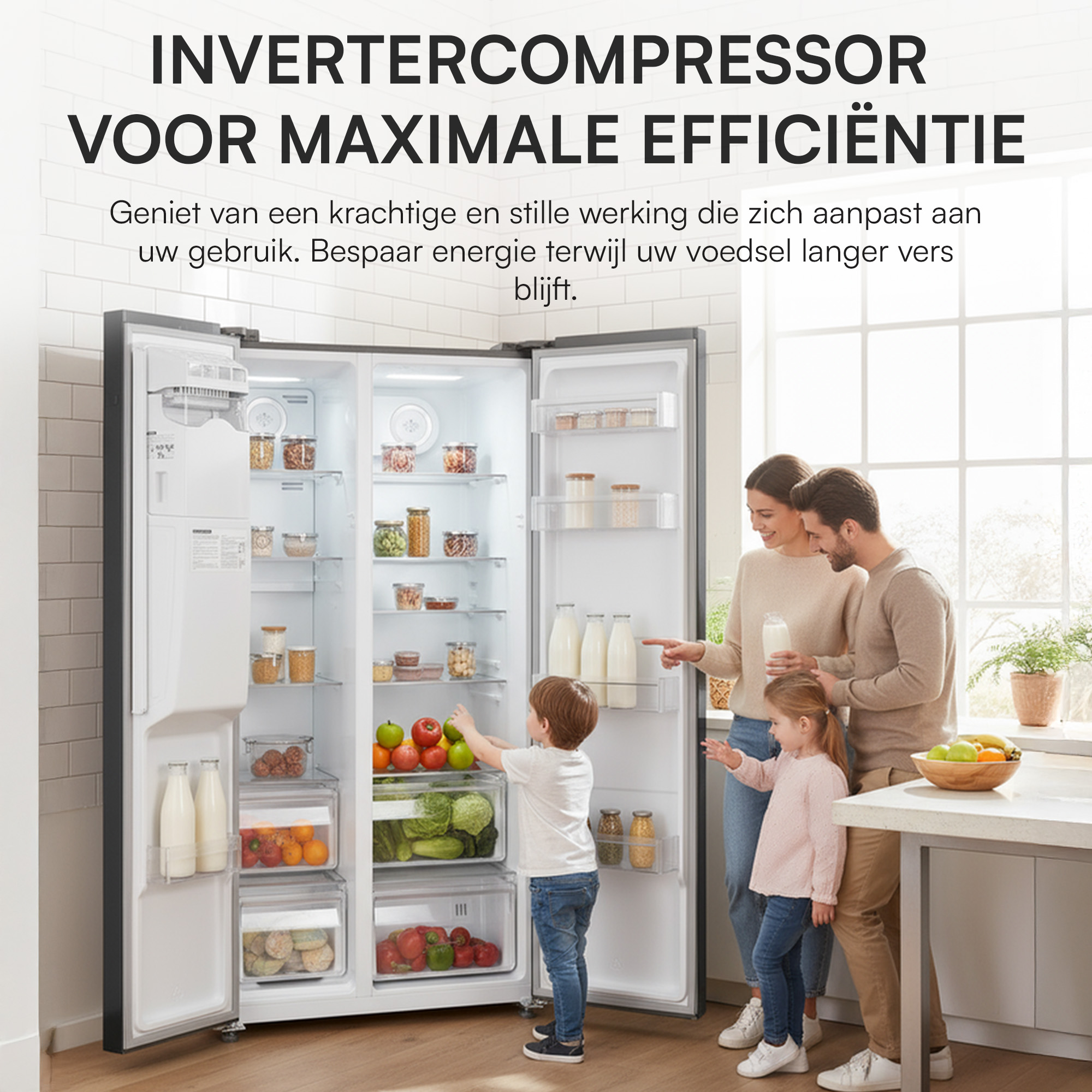 Een gezin staat bij een open koelkast, met een kind dat naar producten reikt. Appels en melk zijn zichtbaar.