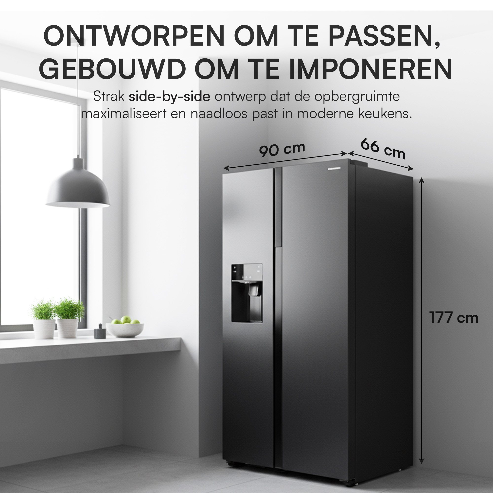 Een zwarte koelkast met afmetingen. Hij heeft een waterdispenser en staat in een moderne keuken.