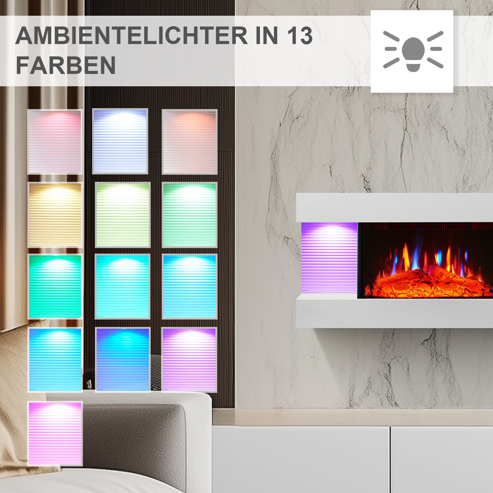 Das Bild zeigt 13 farbige Lichter. Rechts ist ein Kamin mit Flammen. Jalousien links zeigen die Farben.