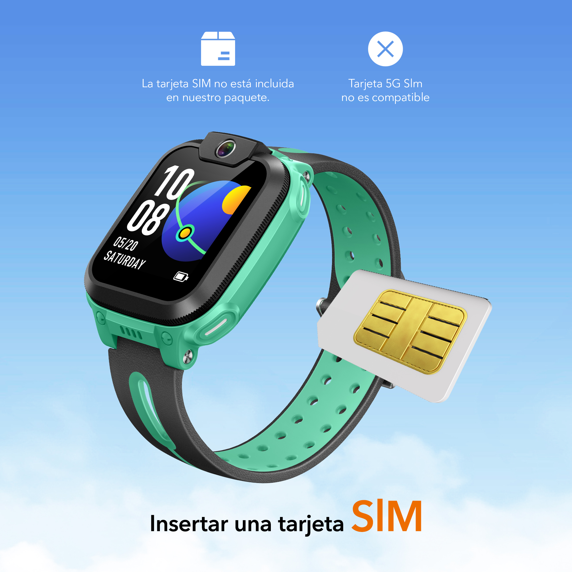 Un reloj inteligente verde con correa negra, una tarjeta SIM y texto que dice 'Insertar una tarjeta SIM'. El fondo es azul.