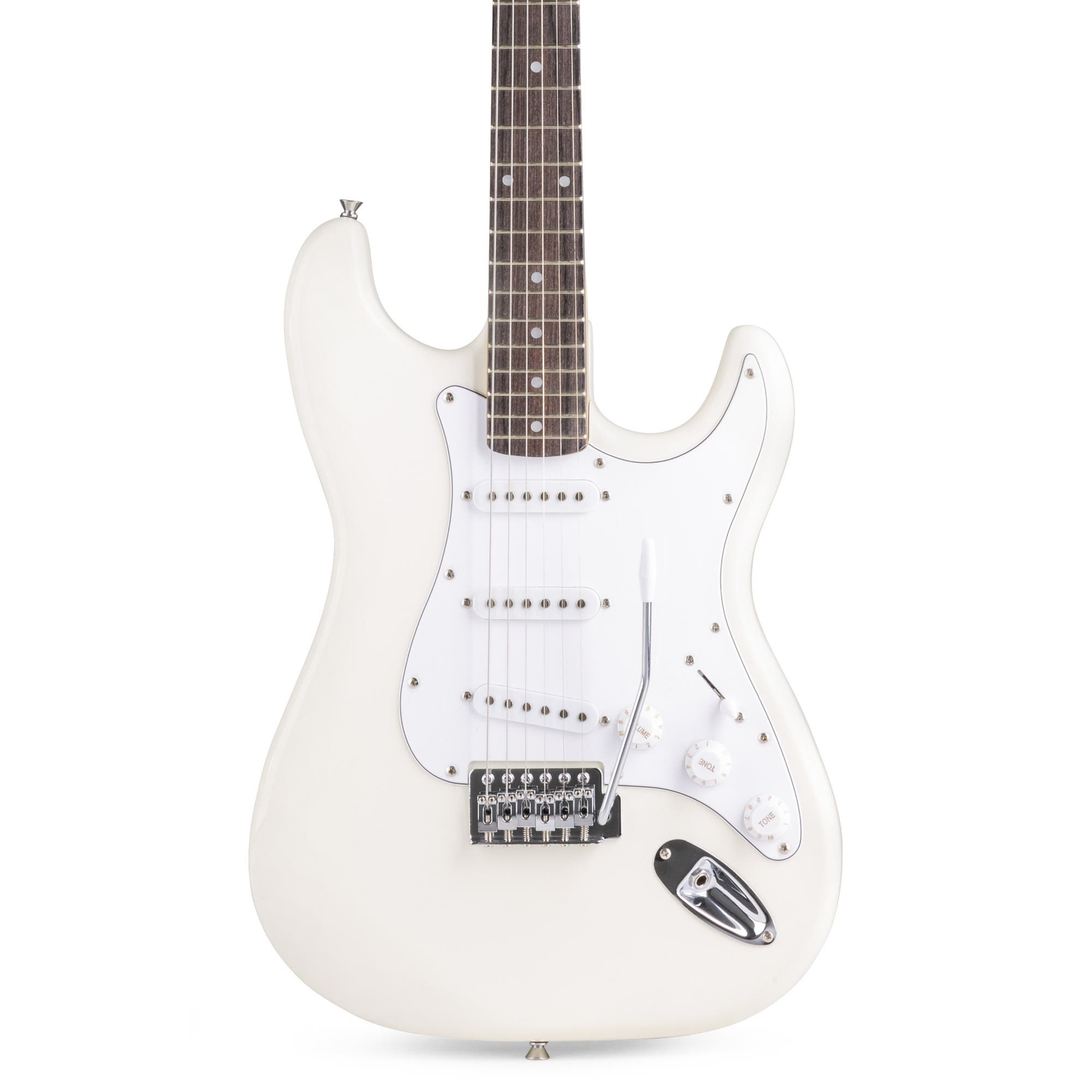 Eine weiße E-Gitarre mit weißem Schlagbrett und silberner Hardware. Der Hintergrund ist weiß.