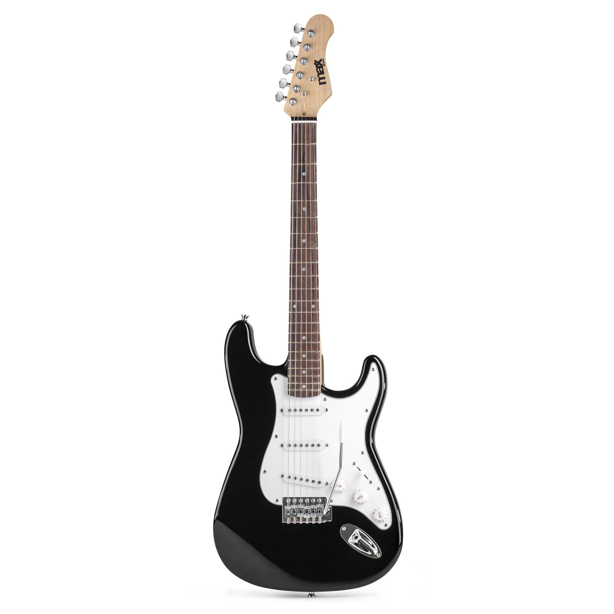Schwarze E-Gitarre auf weißem Hintergrund. Merkmale sind ein weißes Schlagbrett, silberne Saiten und Stimmwirbel.