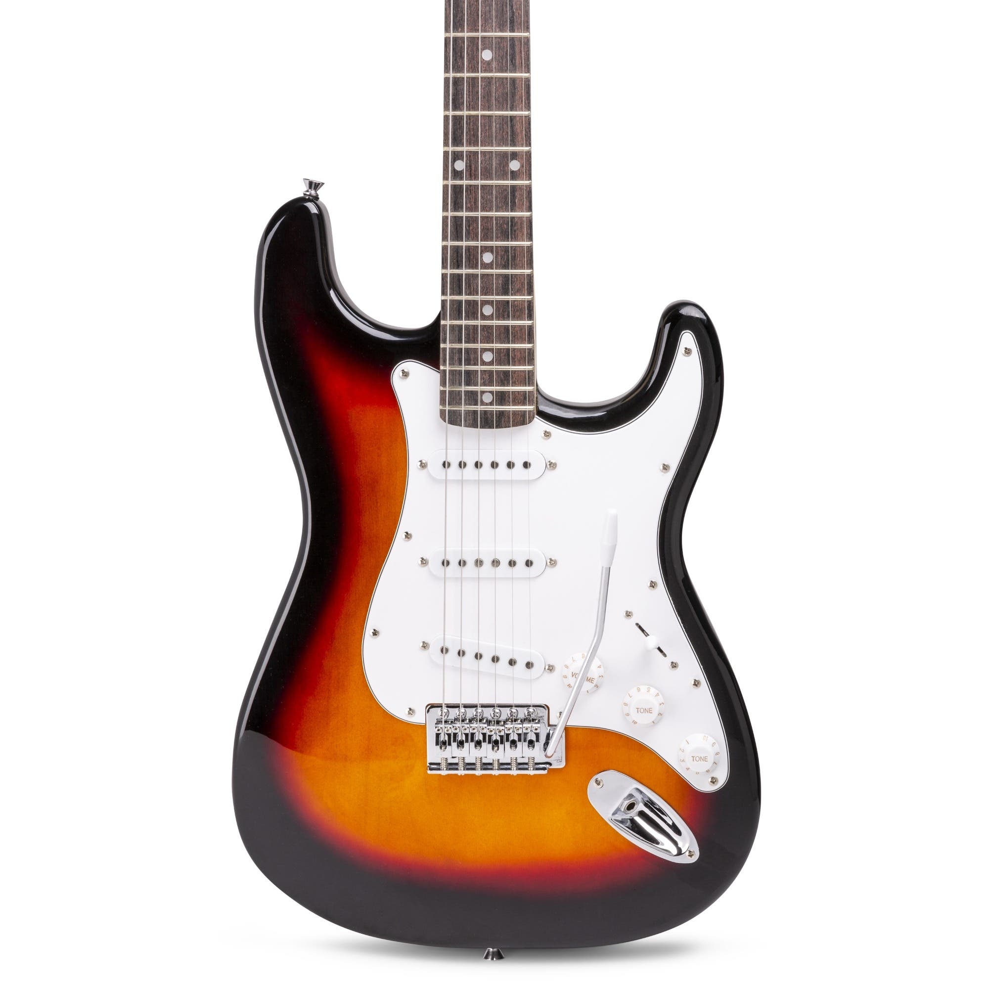 Une guitare électrique sunburst sur fond blanc. Elle a des cordes, des boutons et une barre de vibrato.