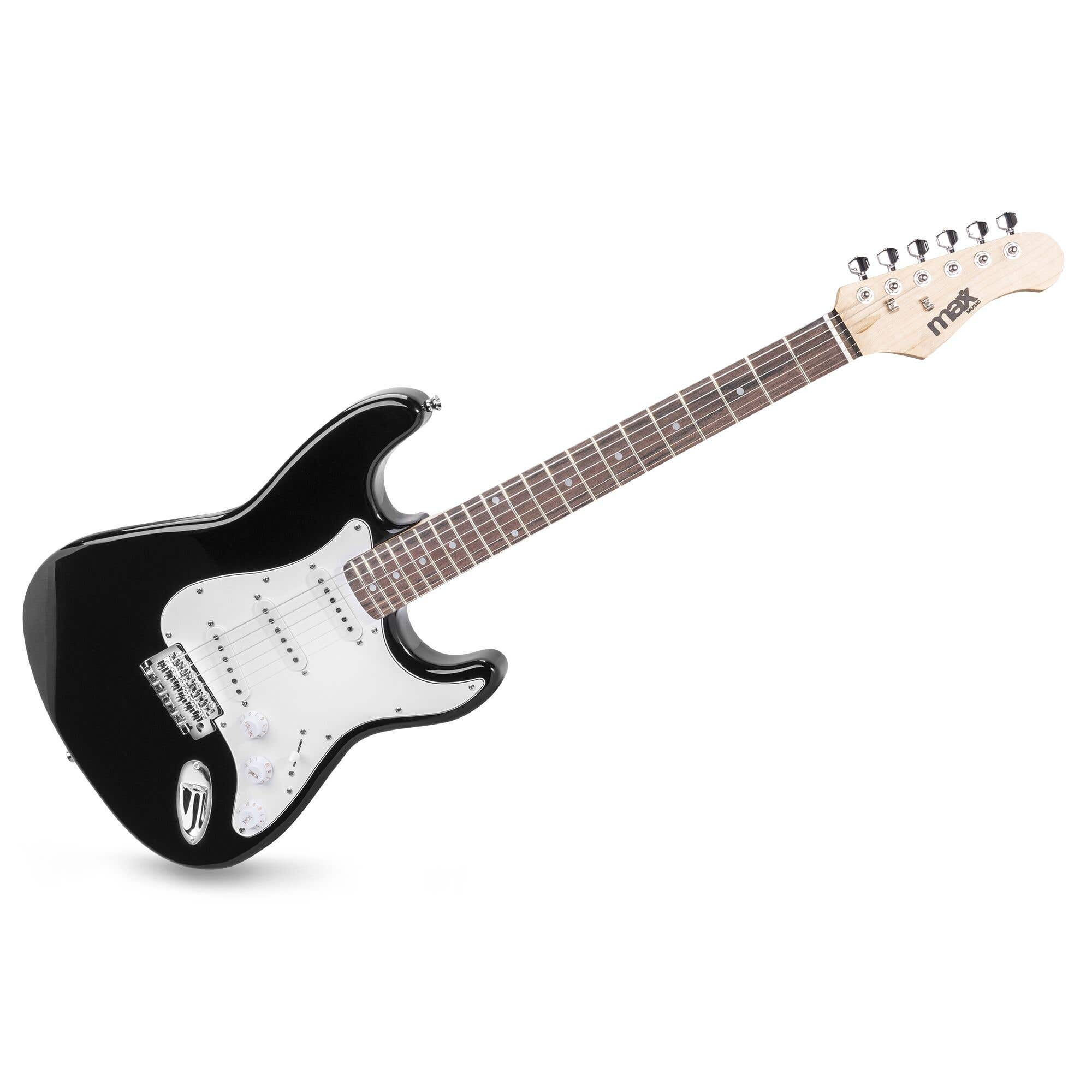 Eine schwarze E-Gitarre mit weißem Schlagbrett vor weißem Hintergrund. Der Markenname ist MAX.
