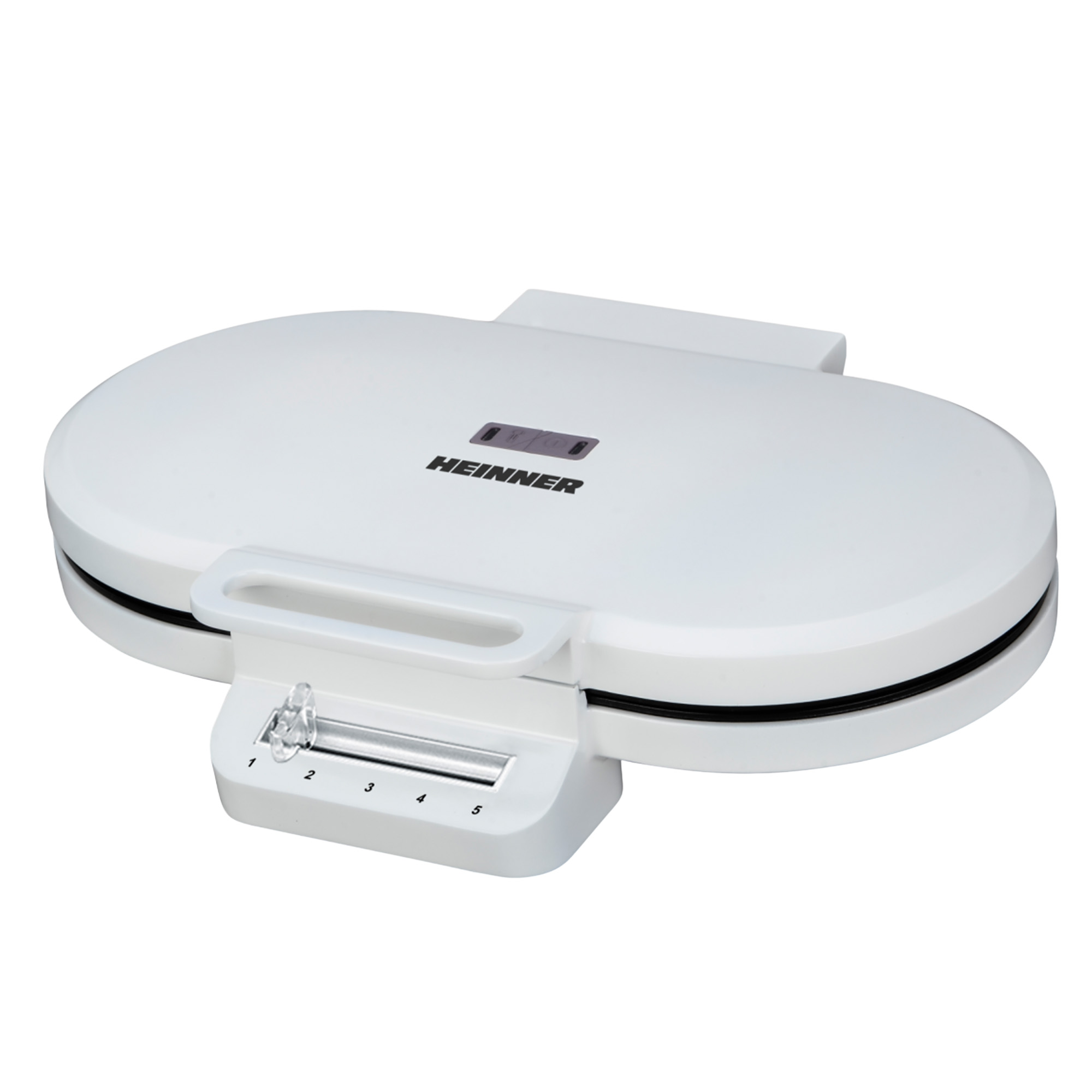 A white waffle maker with a handle, settings dial, and the brand name HEINNER.