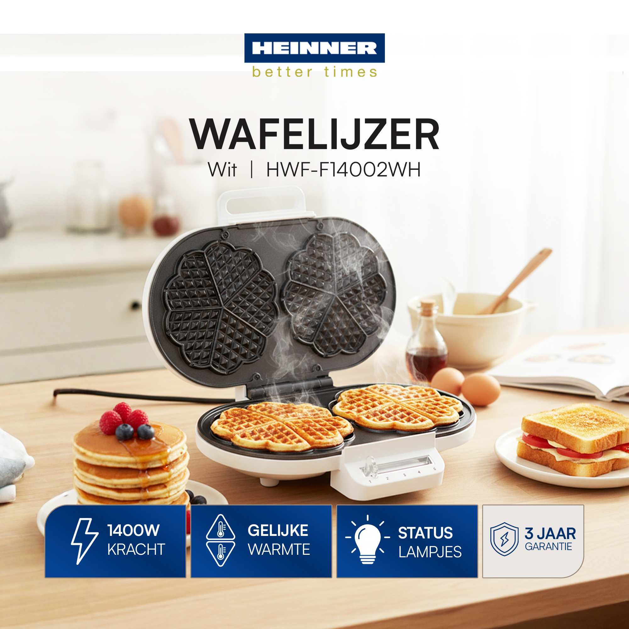 Waffle iron with waffles cooking, pancakes with berries, and toast on a wooden table. Text: Wafelijzer, Heinner.