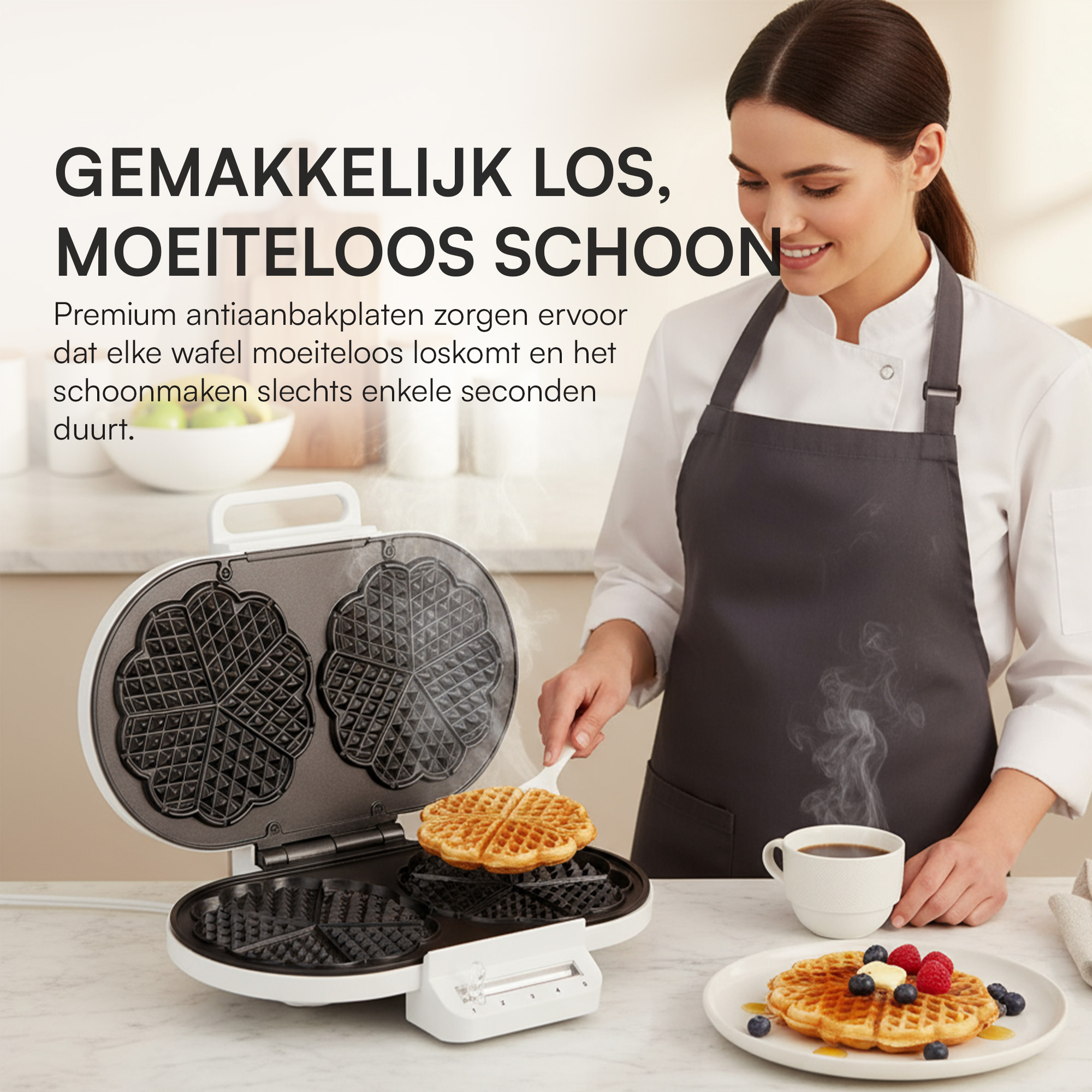 A woman uses a waffle iron. A finished waffle is removed. A plate of waffles with berries is on the table.