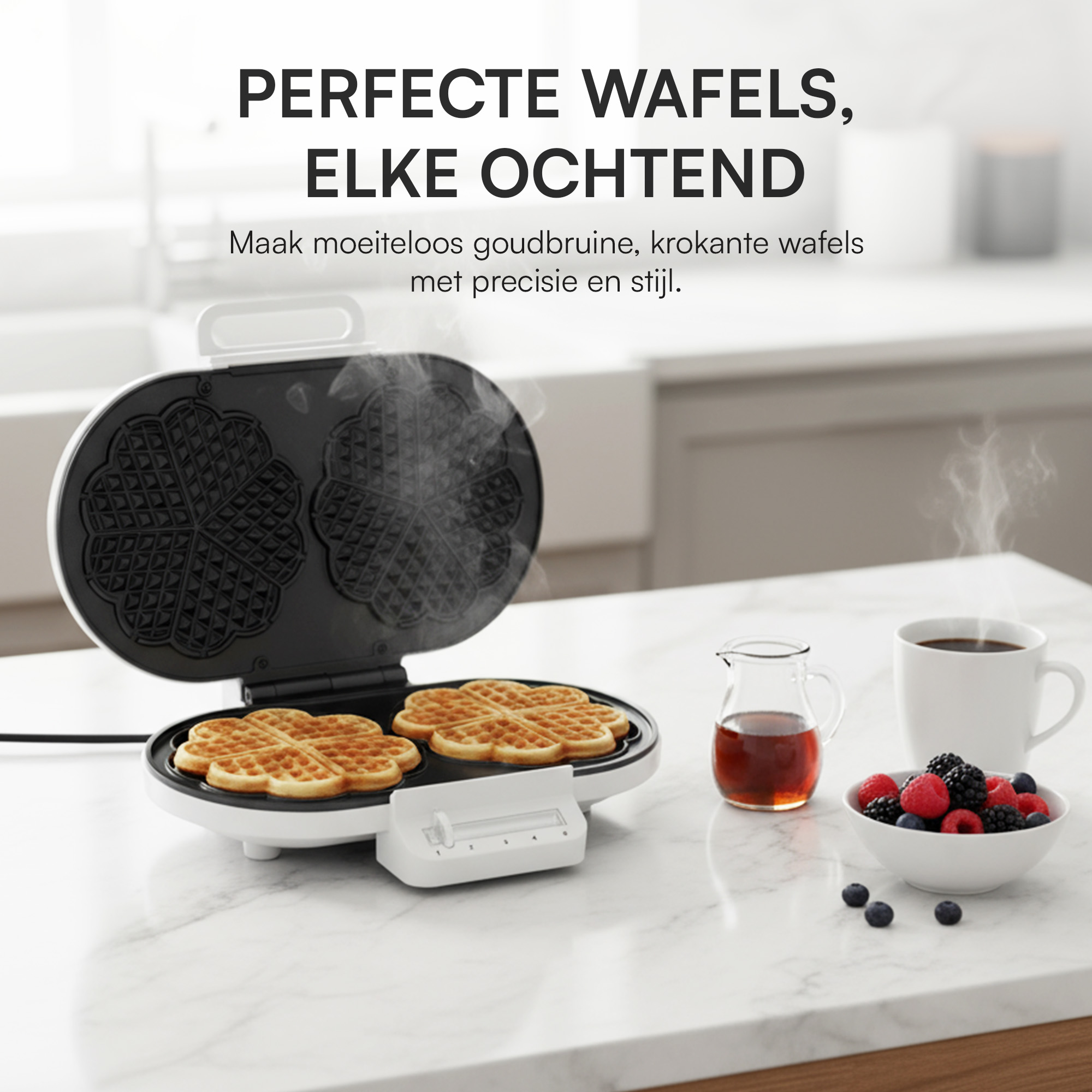 A waffle maker with two waffles, next to a bowl of berries, syrup, and coffee. Steam rises from the waffles.