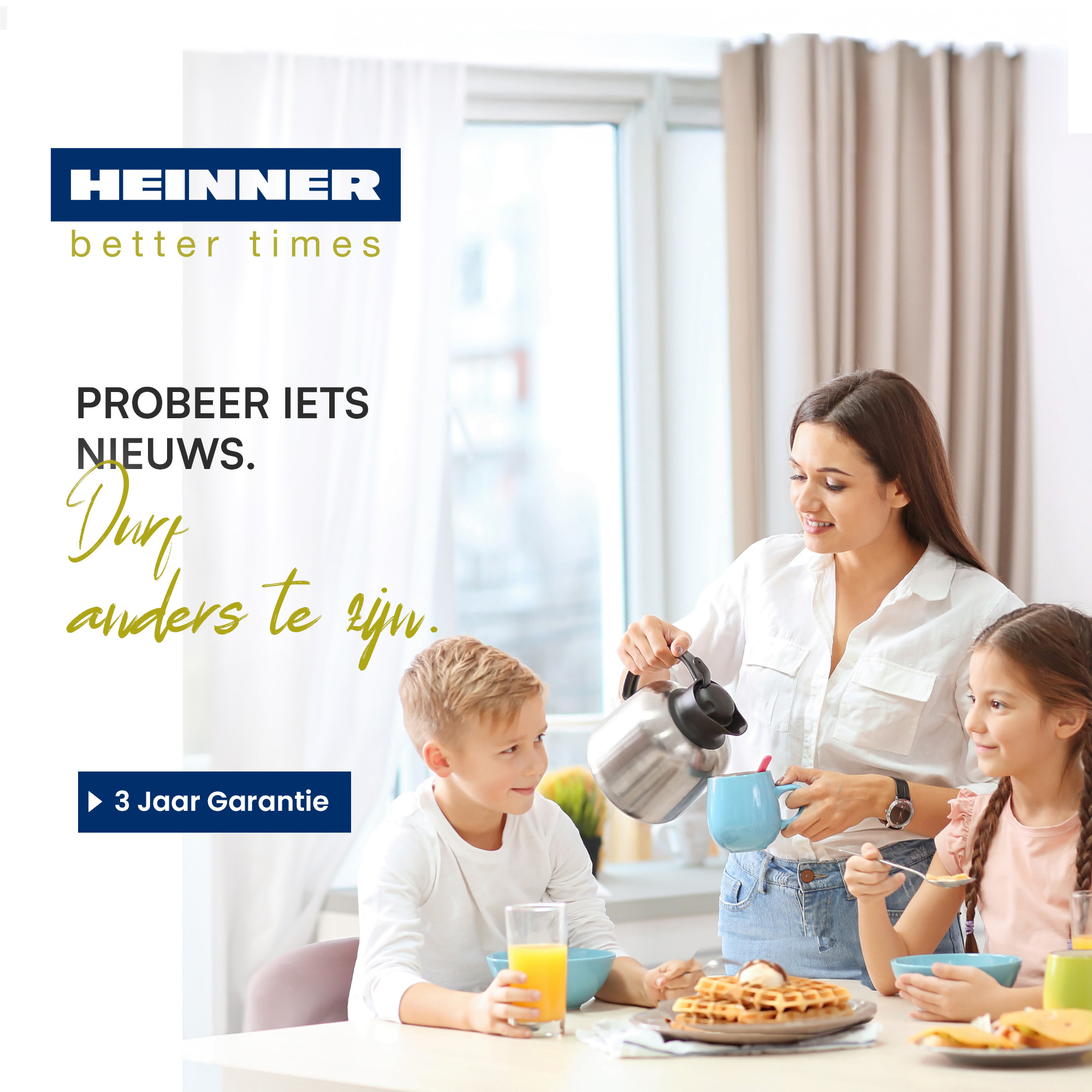 A woman pours from a thermos into a cup. Two children sit at a table. Waffles, juice, and text are also visible.