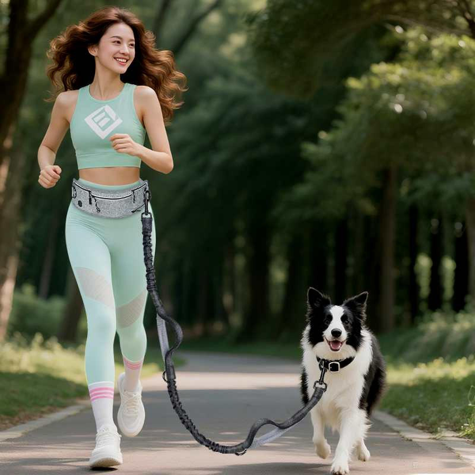 Eine Frau joggt mit einem Hund auf einem Weg. Sie trägt Sportkleidung, der Hund ist schwarz und weiß, Bäume sind im Hintergrund.