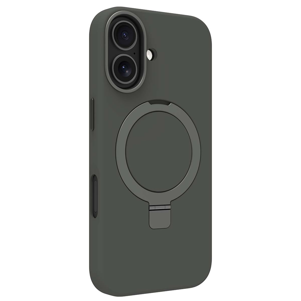 Custodia per telefono grigio scuro. Ha un ritaglio per la fotocamera, un supporto ad anello e i pulsanti. La custodia ha una consistenza liscia.