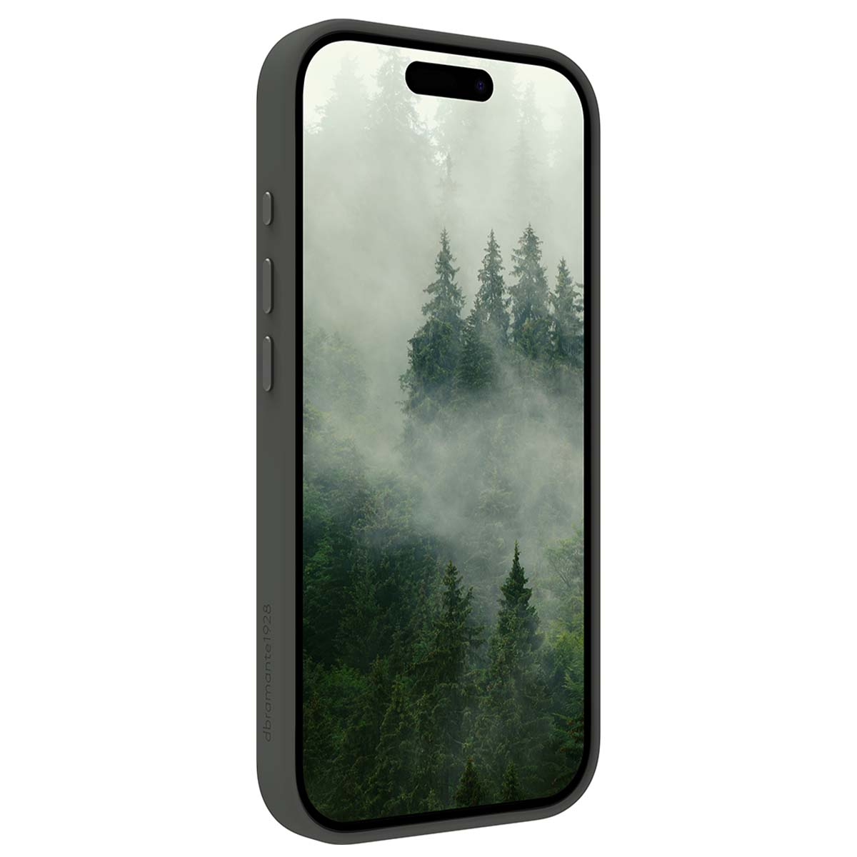 Uno smartphone mostra una scena di foresta nebbiosa. Il telefono ha una custodia grigio scuro con il nome del marchio stampato.