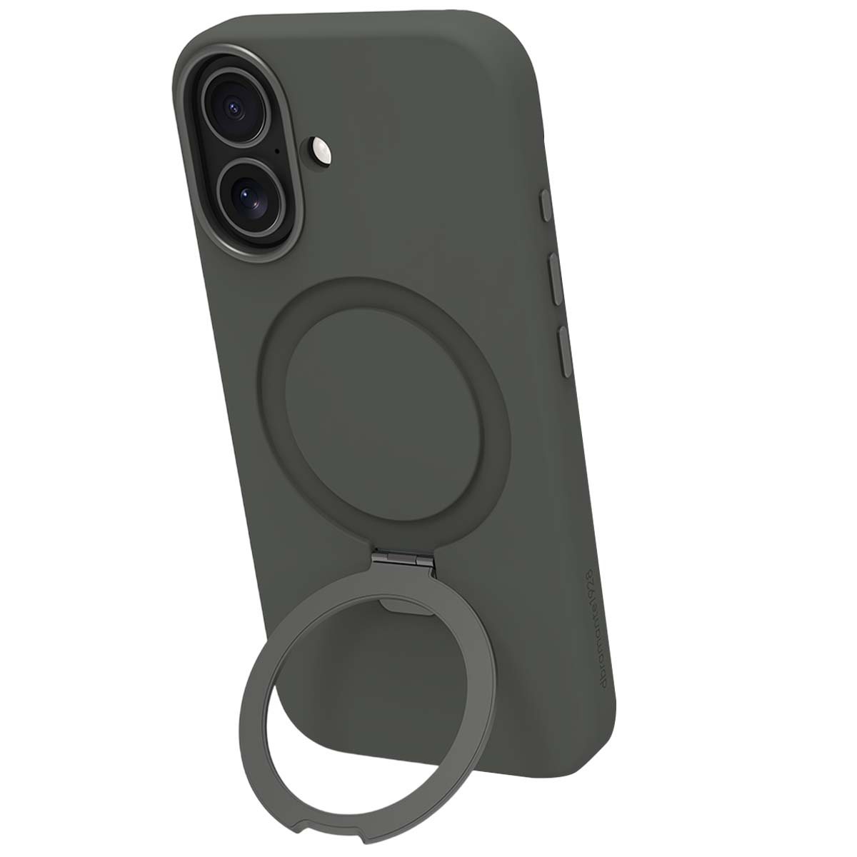 Una custodia per telefono grigio scuro con un supporto ad anello. La custodia ha un ritaglio per la fotocamera e un attacco magnetico circolare. L'anello è aperto.