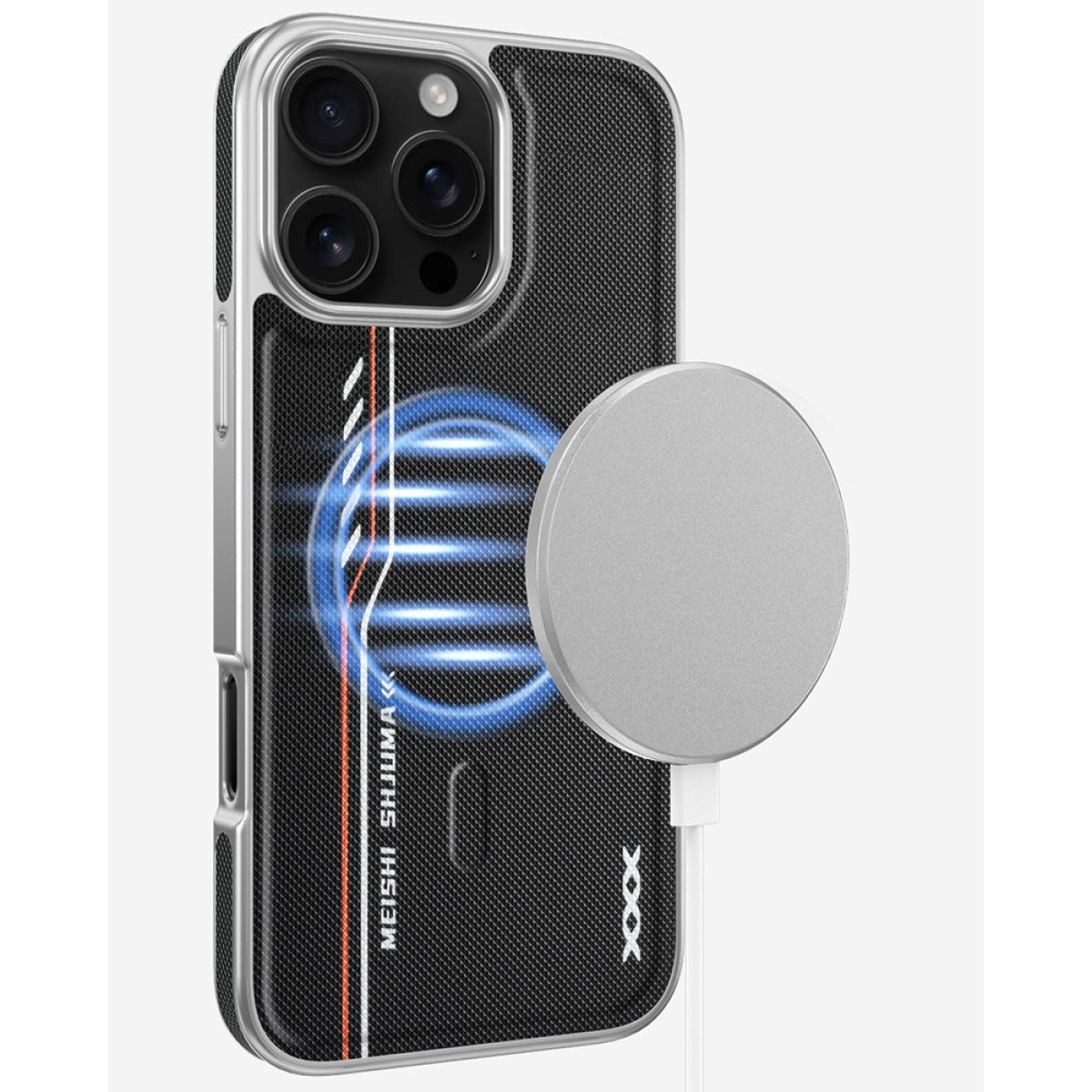 Eine Handyhülle mit MagSafe-Ladegerät. Die Hülle ist schwarz mit blauem Kreisdesign. Das Ladegerät ist silberfarben und mit einem weißen Kabel verbunden.