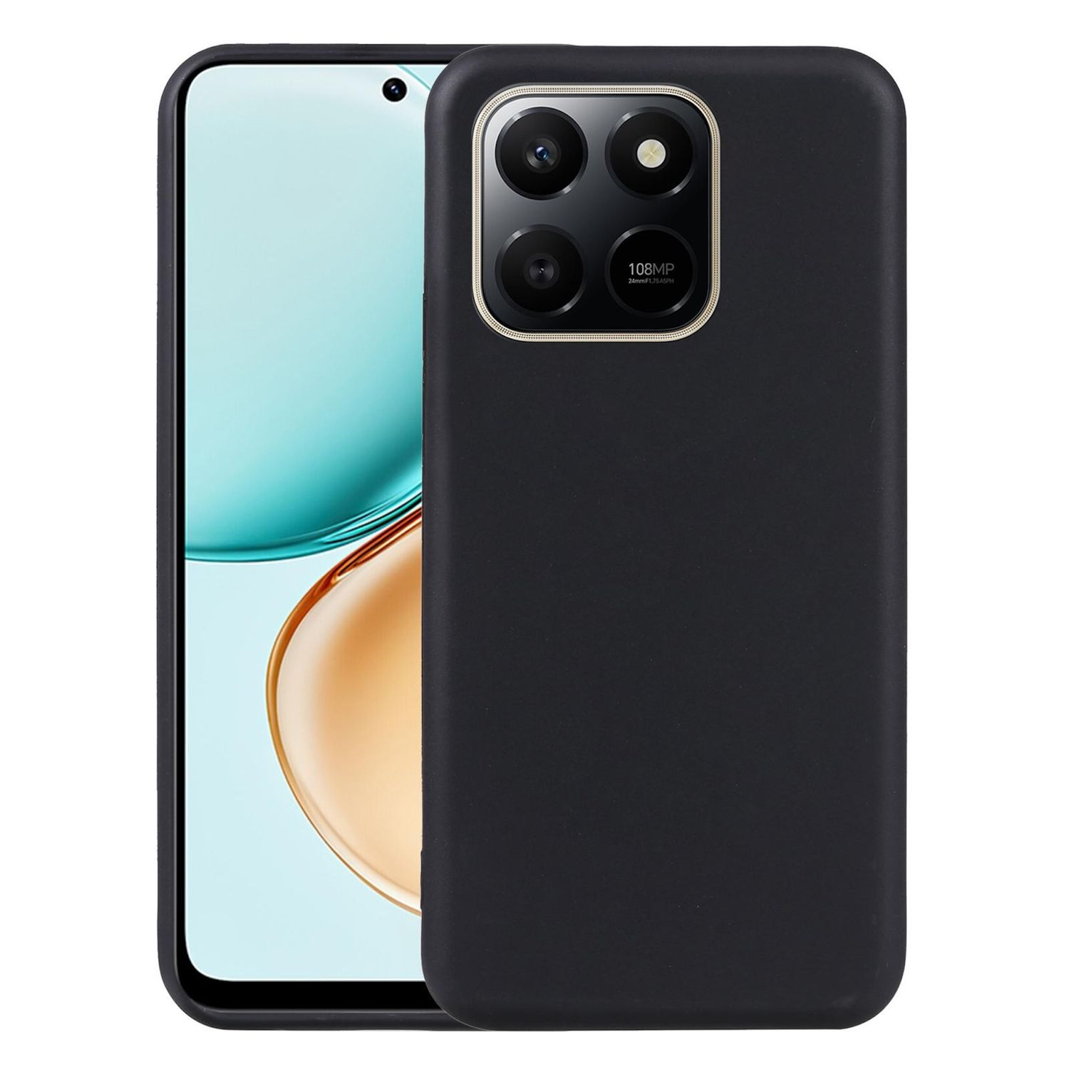 Ein schwarzes Telefon in einer schwarzen Hülle, das einen Bildschirm mit einem hellblauen und goldenen Farbverlauf zeigt. Die Hülle hat ein Kameramodul.