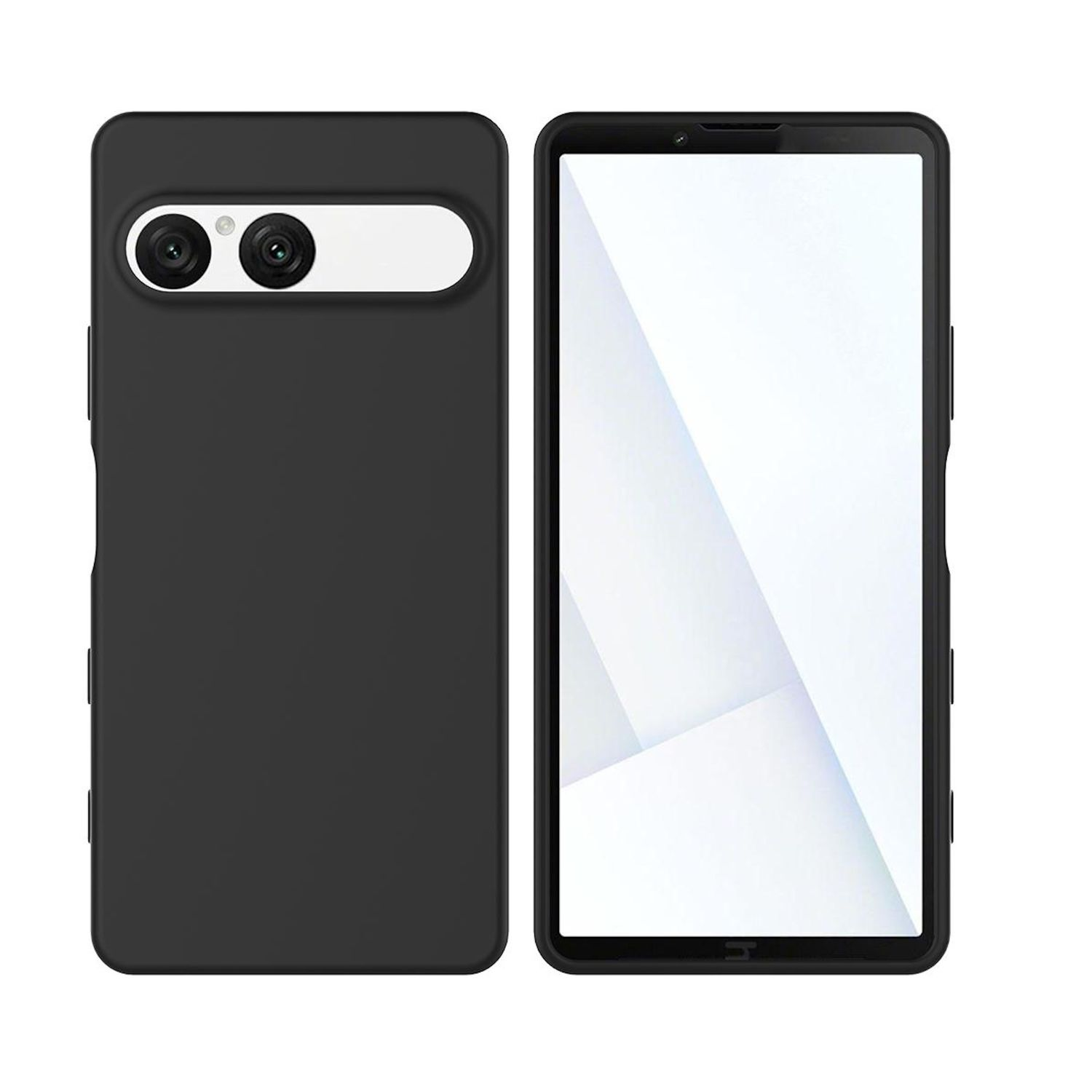 Zwei schwarze Smartphone-Hüllen. Eine zeigt die Rückseite mit Kamera, die andere zeigt den Bildschirm mit weißem und grauem Design.