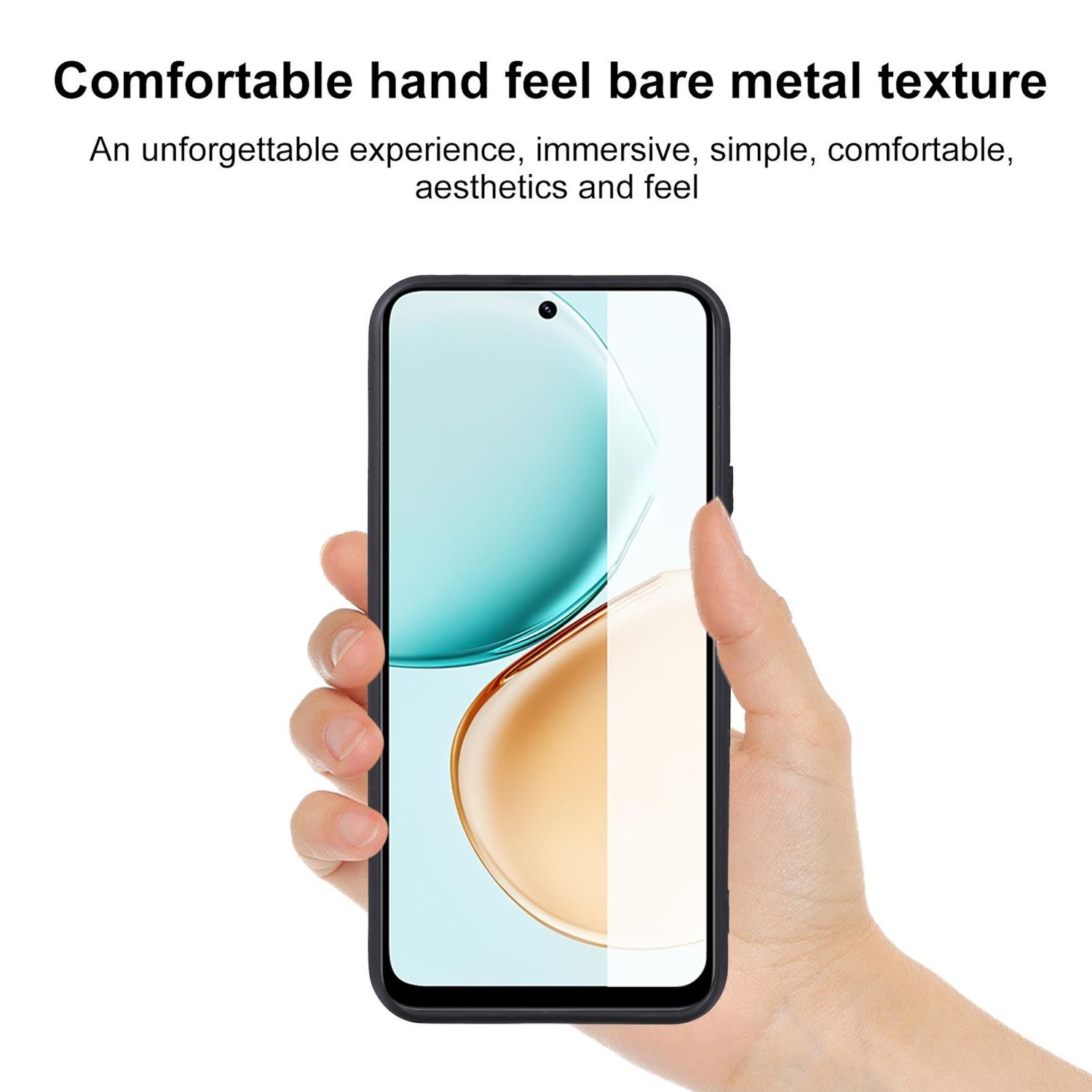 Eine Hand hält ein Smartphone, eine Displayschutzfolie ist angebracht. Das Telefon hat ein schwarzes Gehäuse, weißen Hintergrund und Text oben.