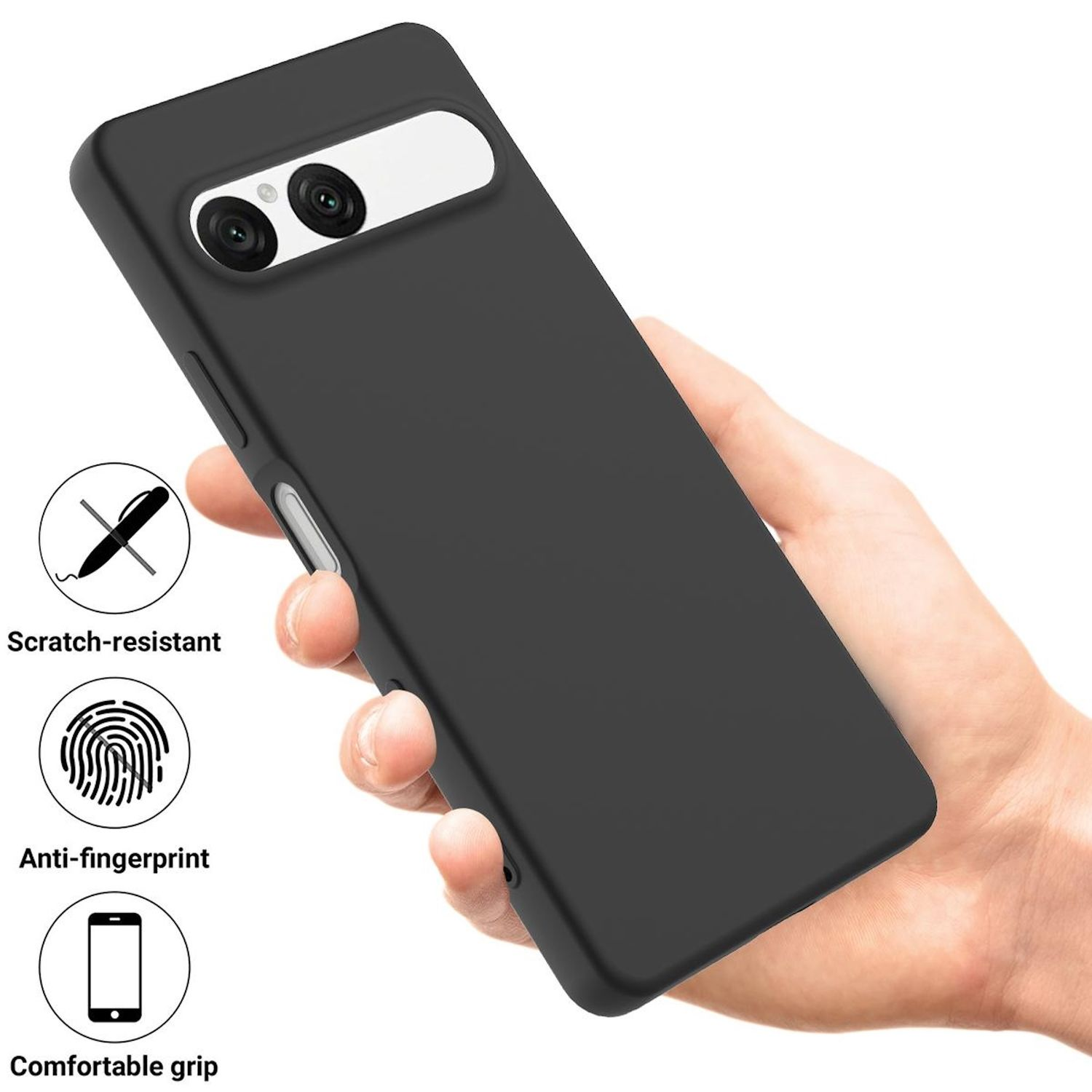 Una mano sostiene una funda negra para teléfono. Los iconos indican resistencia a los arañazos, antihuellas y agarre cómodo.