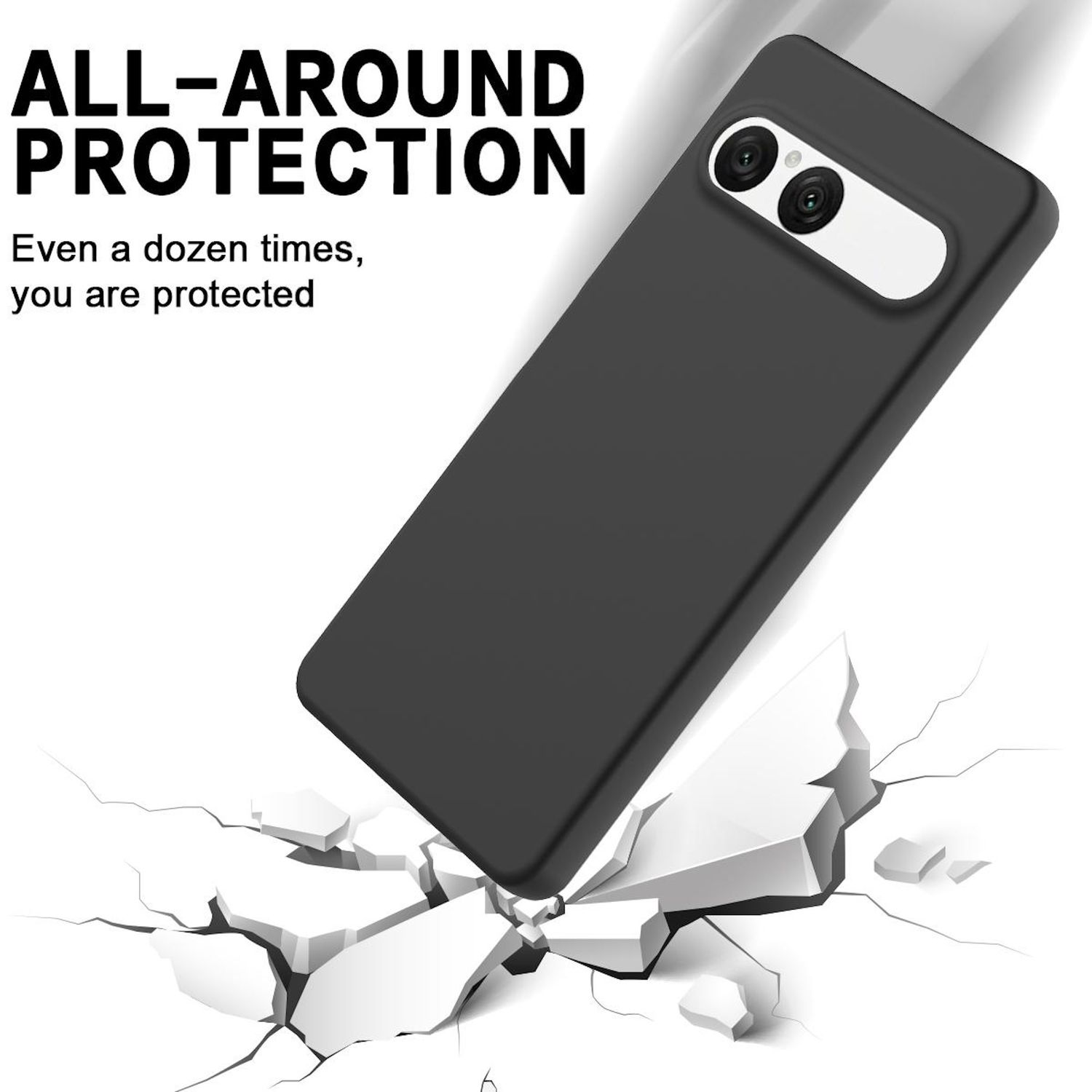 Funda de teléfono negra en ángulo, golpeando una superficie que se rompe. Texto: Protección total. Incluso docenas de veces, estás protegido.