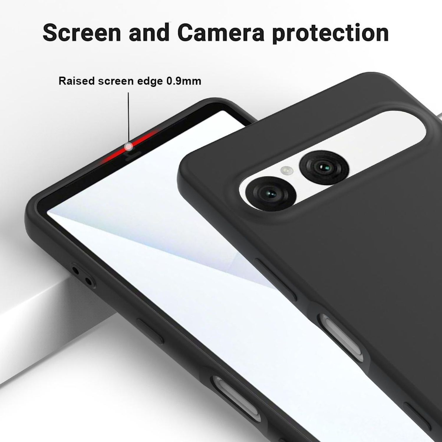 Funda negra para teléfono con borde de pantalla elevado, protegiendo la cámara y la pantalla. Texto: 'Protección de pantalla y cámara'.