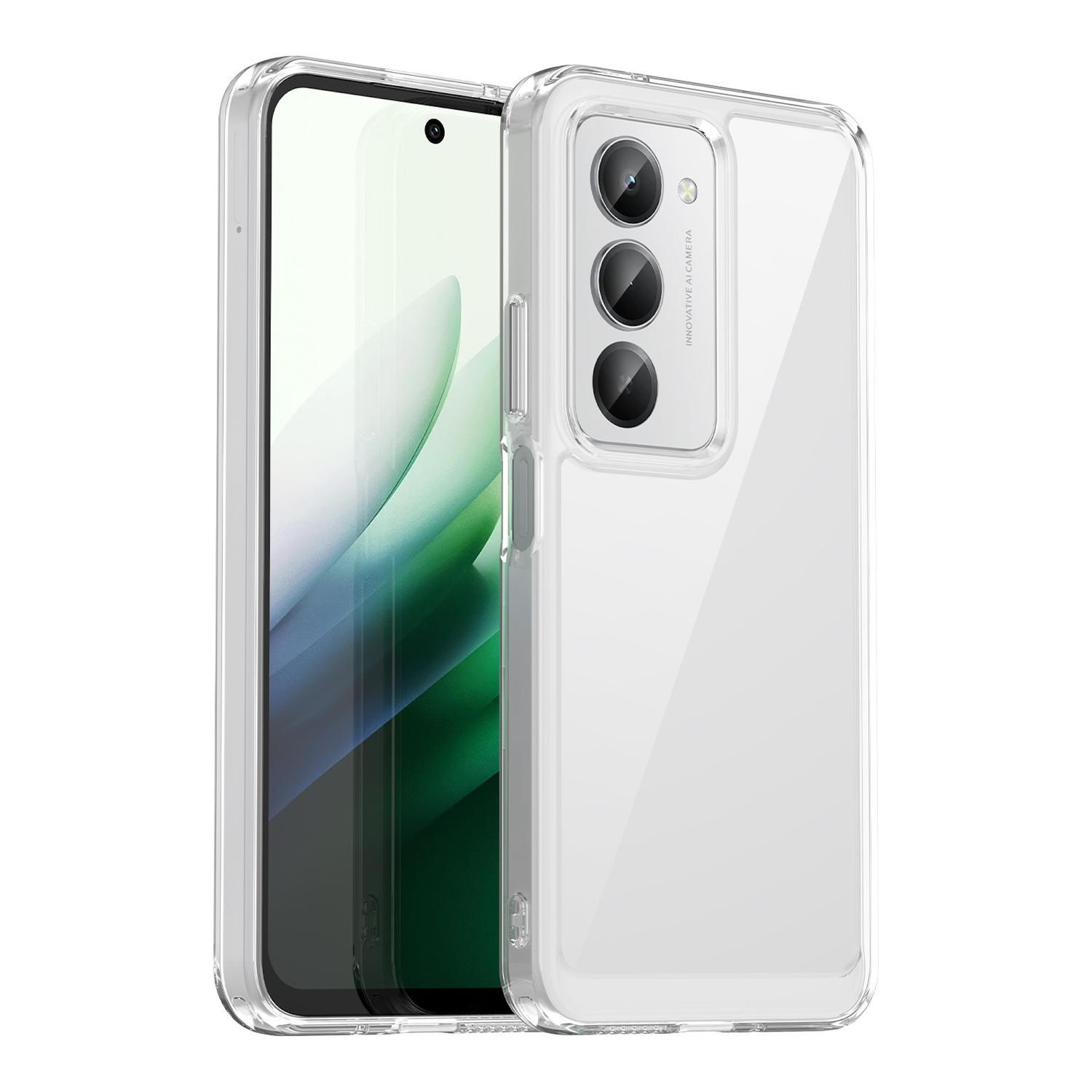 Eine klare Handyhülle mit einem Telefon darin. Das Telefon hat einen Bildschirm mit grünem und weißem Design. Die Hülle hat drei Kameralinsen.