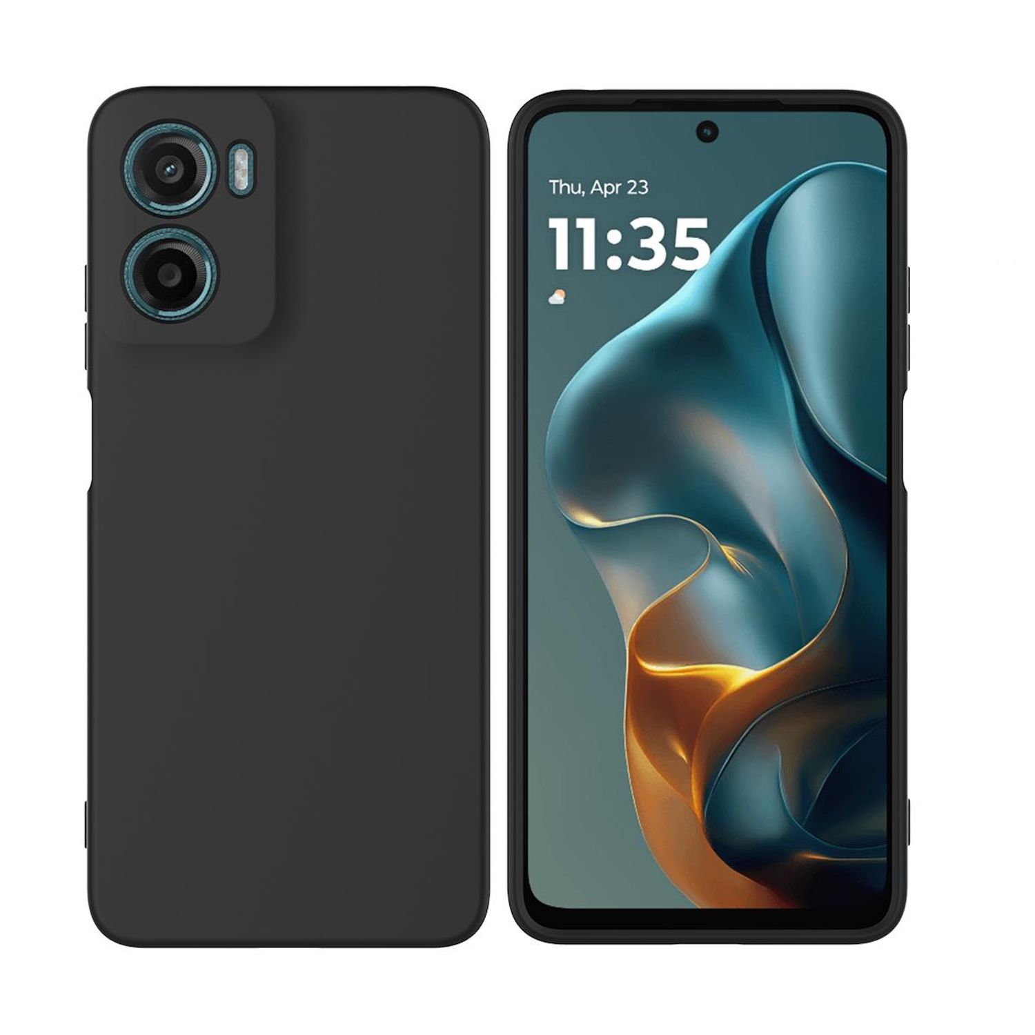 Schwarzes Telefon mit Hülle, Bildschirm an, zeigt Zeit und abstrakten Hintergrund, neben einer Hülle mit Kameraobjektiven.