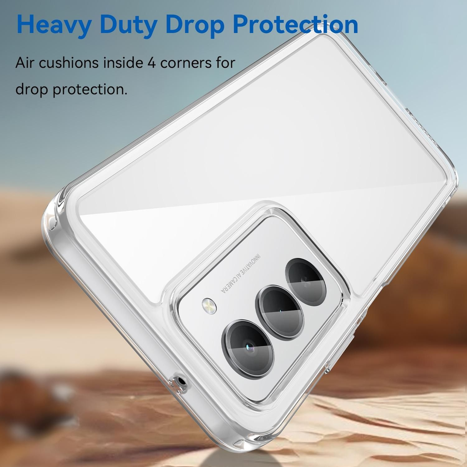 Eine transparente Handyhülle mit Kameramodul. Text: 'Heavy Duty Drop Protection'. Die Hülle hat Luftkissen für Stoßschutz.
