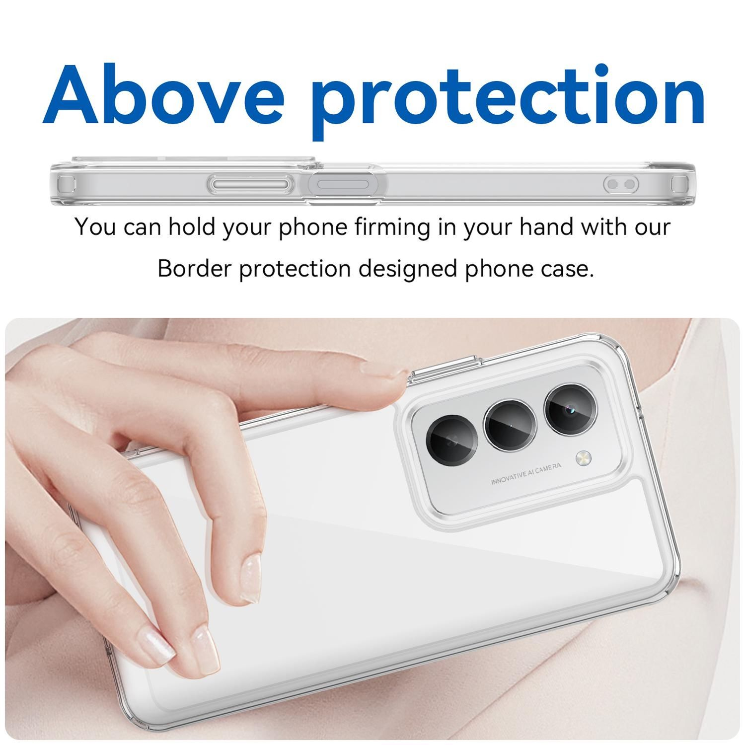 Eine transparente Handyhülle wird in der Hand gehalten. Die Hülle bedeckt ein Telefon mit drei Kameralinsen. Text: 'Oben Schutz'.