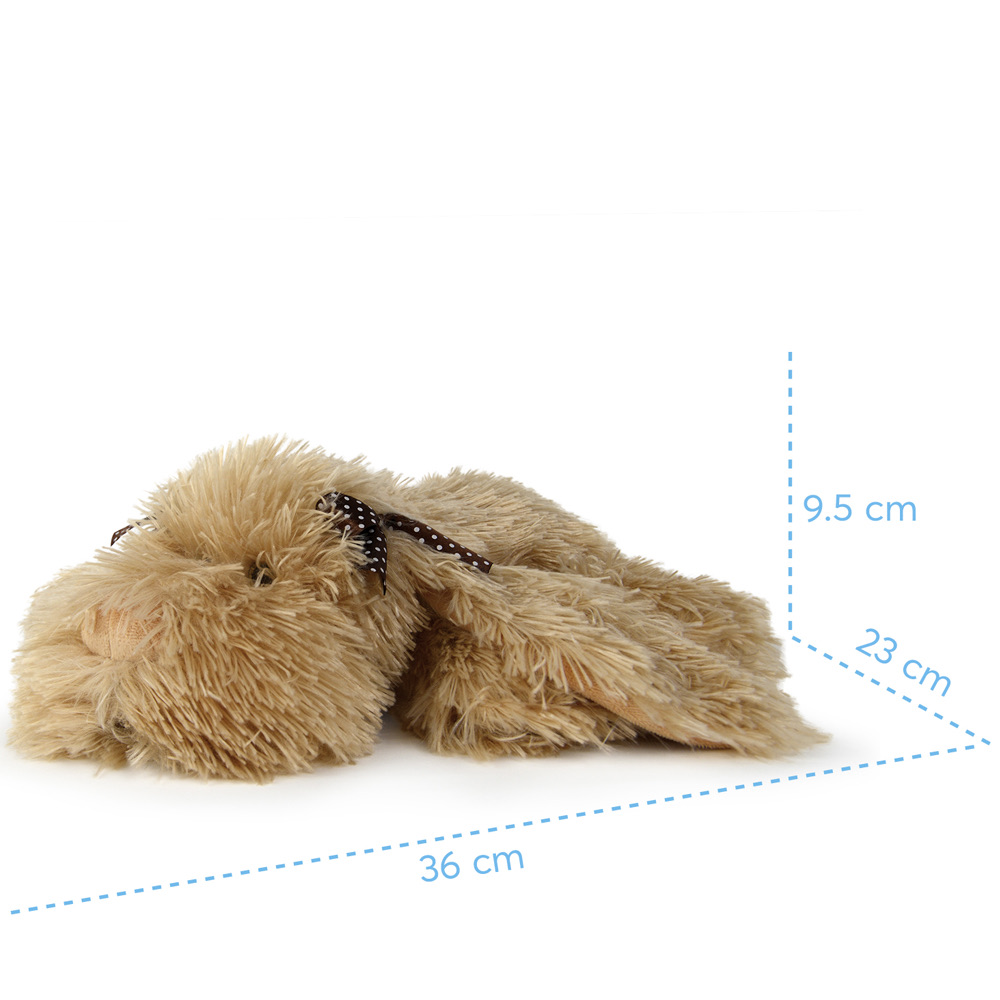 Ein weiches, braunes Plüschtier liegt auf einer weißen Oberfläche. Es hat eine Schleife und Messungen von 36 cm, 23 cm und 9,5 cm sind angegeben.