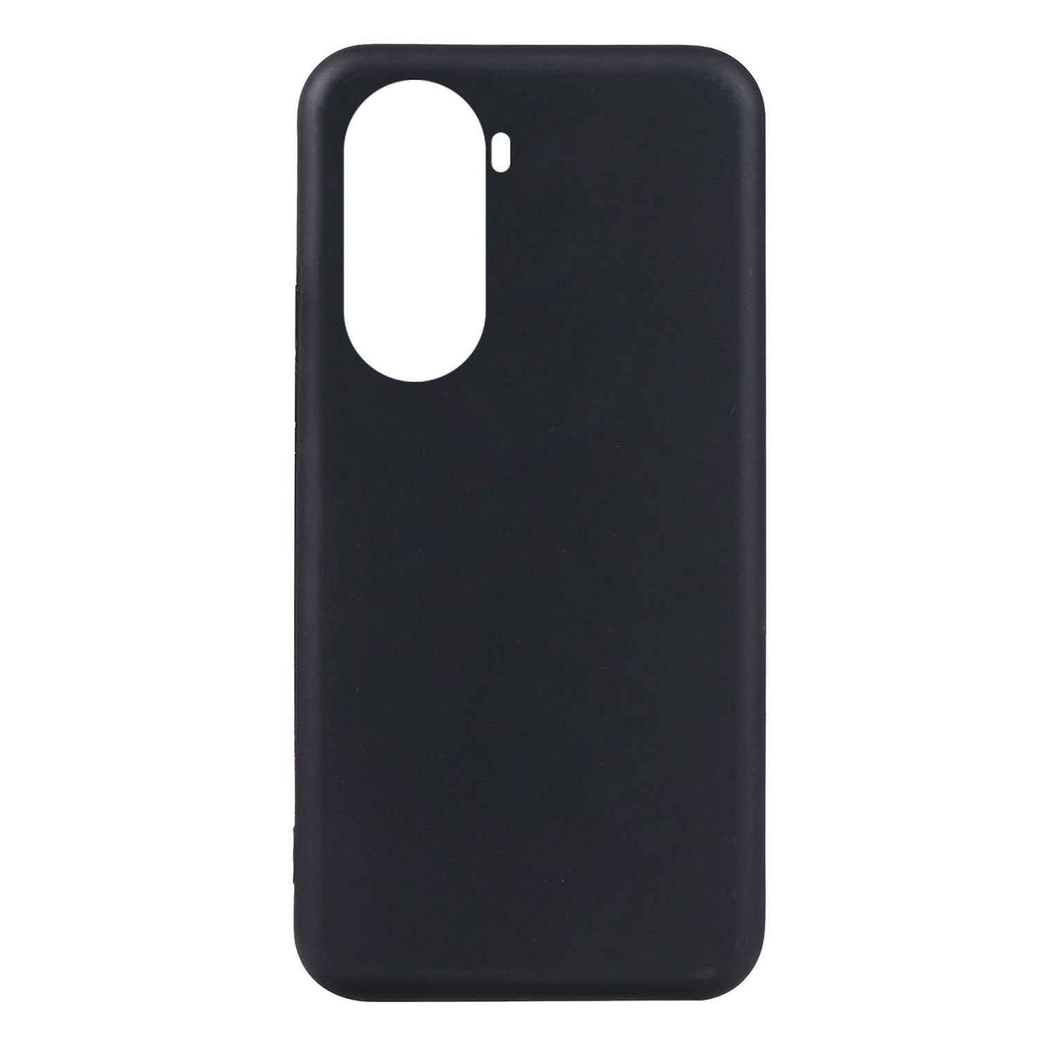 Una funda de teléfono negra con un recorte ovalado para la cámara. Tiene una superficie lisa y esquinas redondeadas. El fondo es blanco.