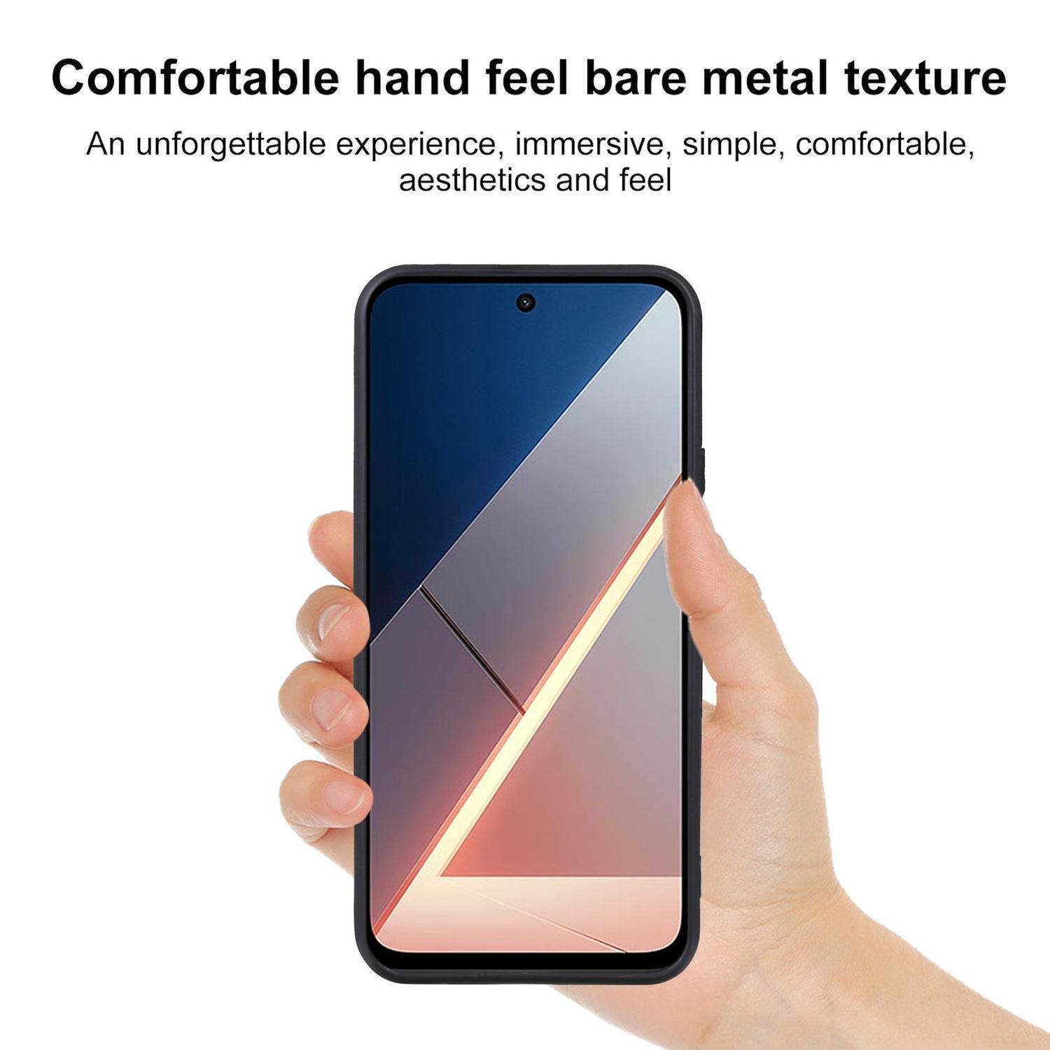 Una mano sosteniendo un smartphone. El teléfono tiene una funda negra y una pantalla colorida. El texto describe la textura del teléfono.