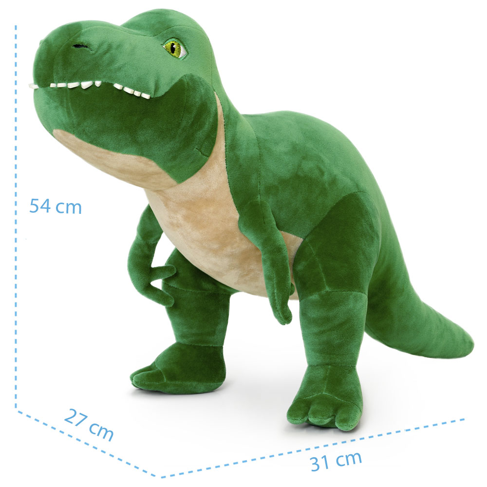 Ein grünes Plüschtier, ein Tyrannosaurus Rex. Es hat einen beigen Bauch und kleine Arme. Die Größe beträgt 54x31x27 cm.