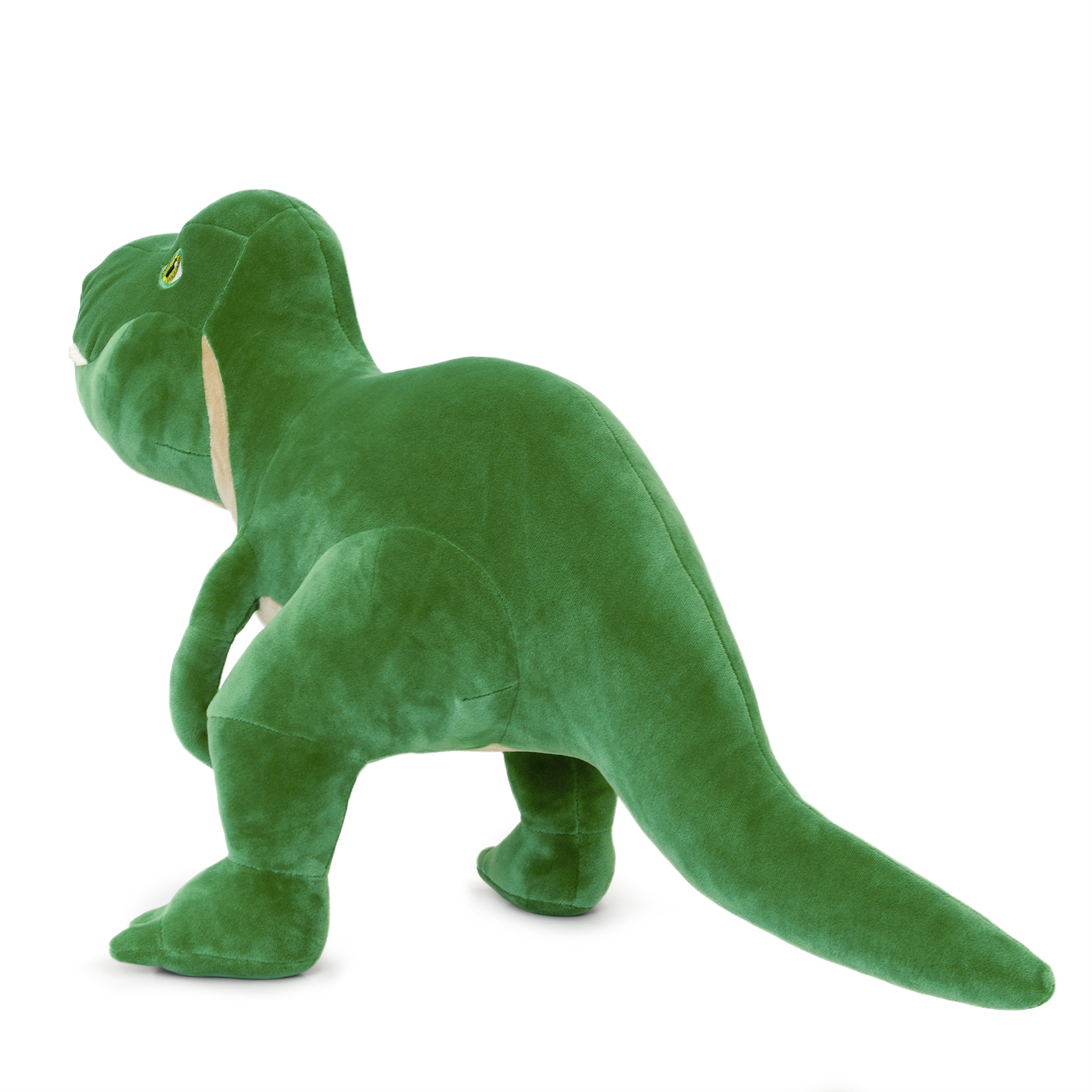 Ein grünes Stofftier, ein Tyrannosaurus Rex, nach links gerichtet, vor weißem Hintergrund. Es hat einen kleinen Kopf, kurze Arme und einen langen Schwanz.