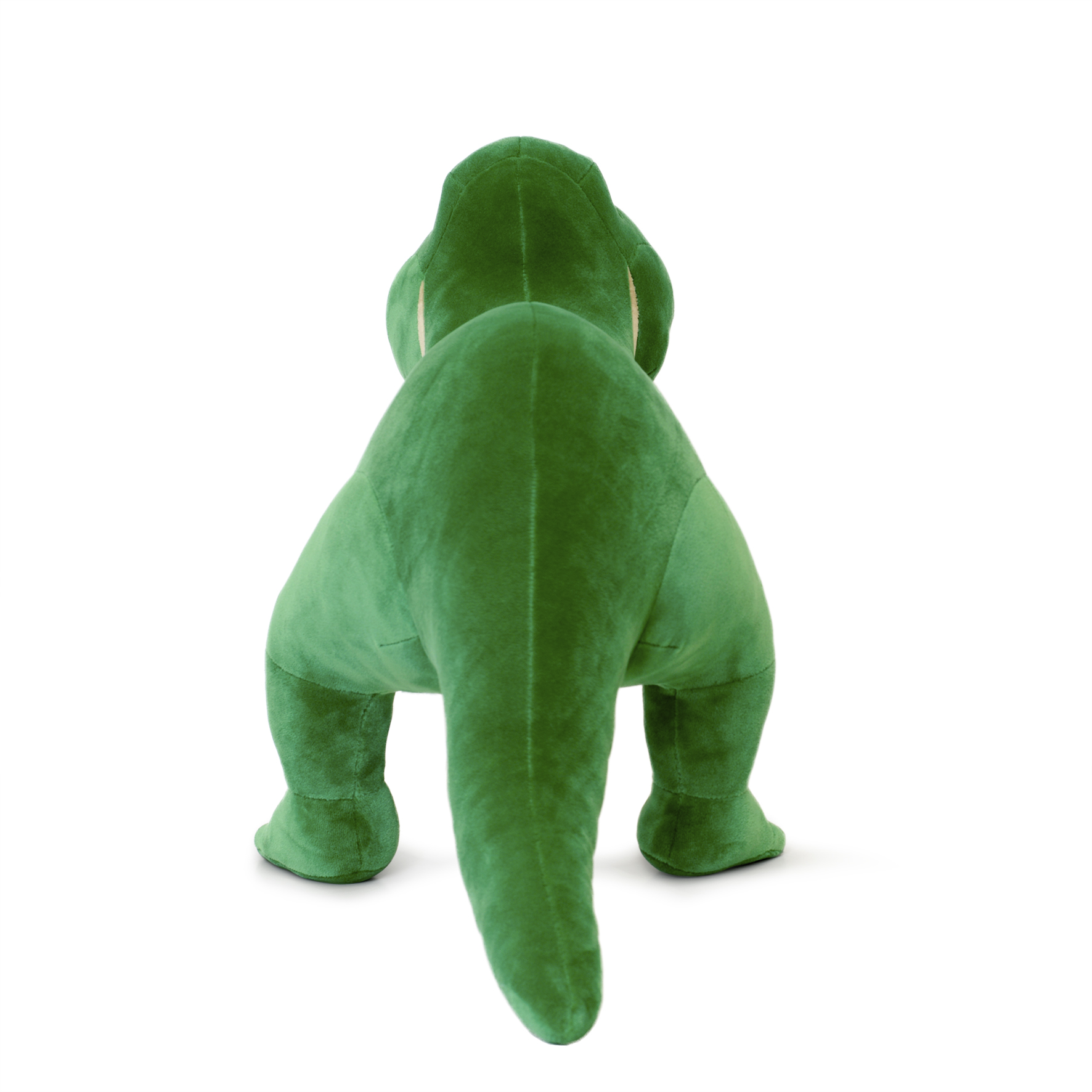 Ein grünes Plüsch-Dinosaurier-Spielzeug von hinten. Es hat einen langen Schwanz und befindet sich auf weißem Hintergrund.