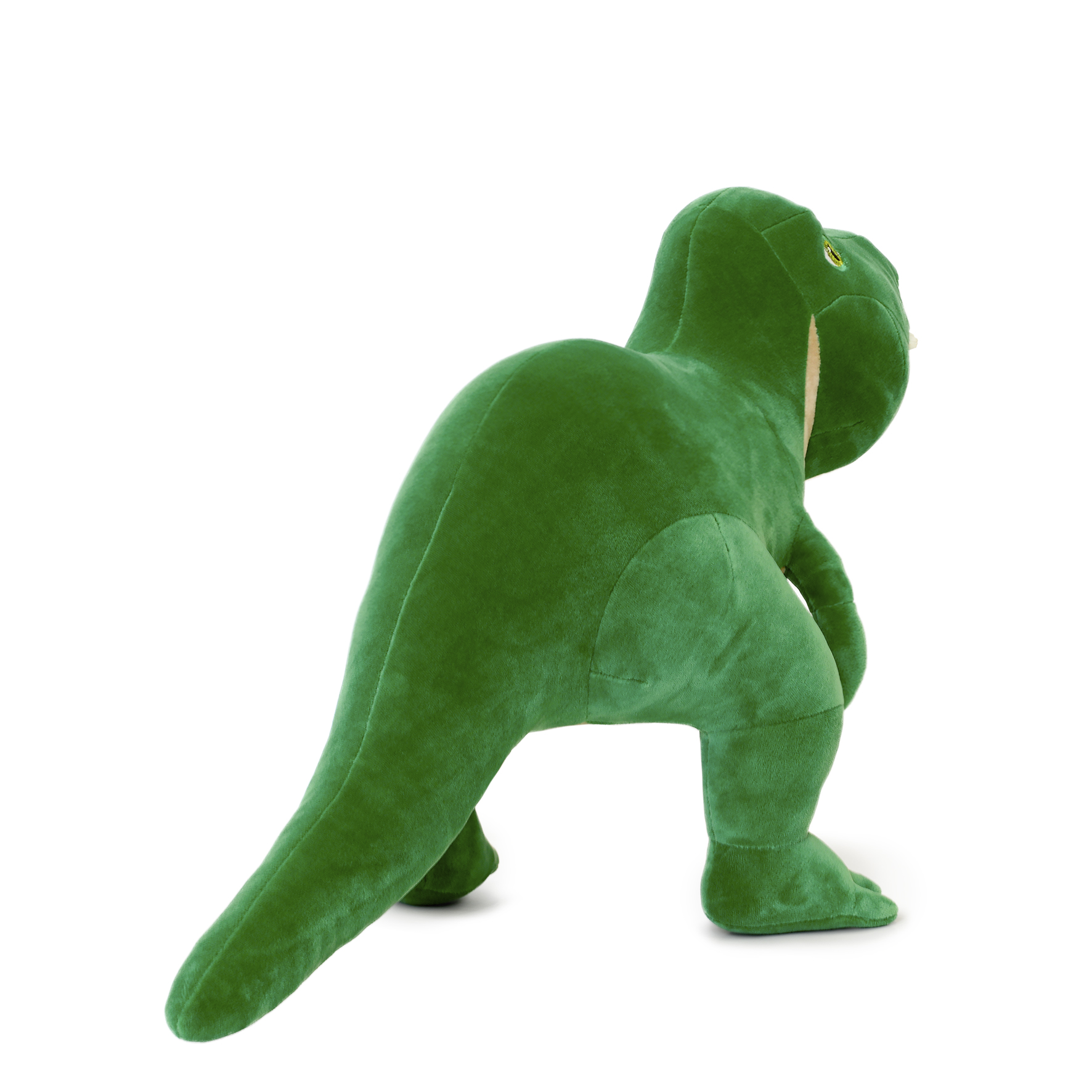 Ein grünes Plüsch-Dinosaurierspielzeug, das nach rechts zeigt. Es hat einen langen Schwanz, kurze Arme und befindet sich auf weißem Hintergrund.